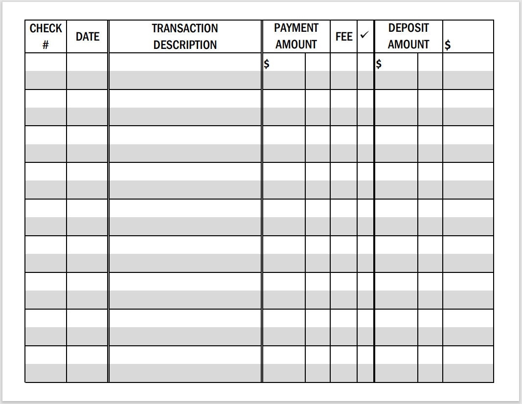 free printable checkbook register