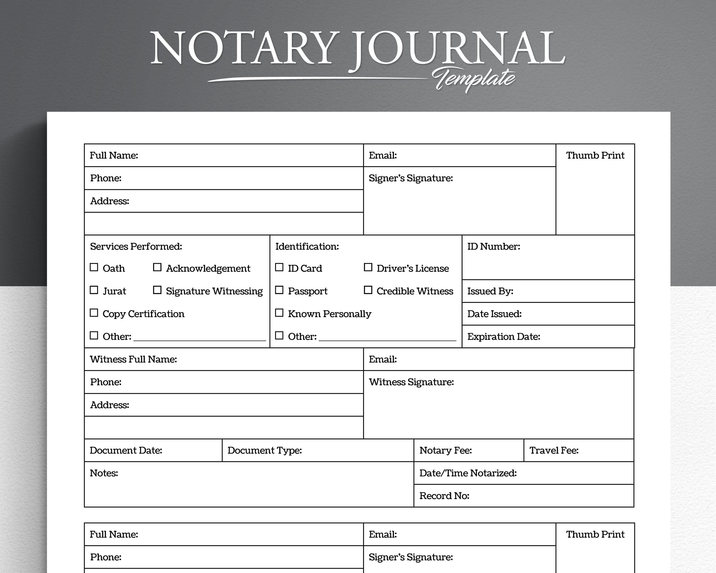 Printable Notary Journal Notary Log Notary Book Printable PDF Instant Download Etsy