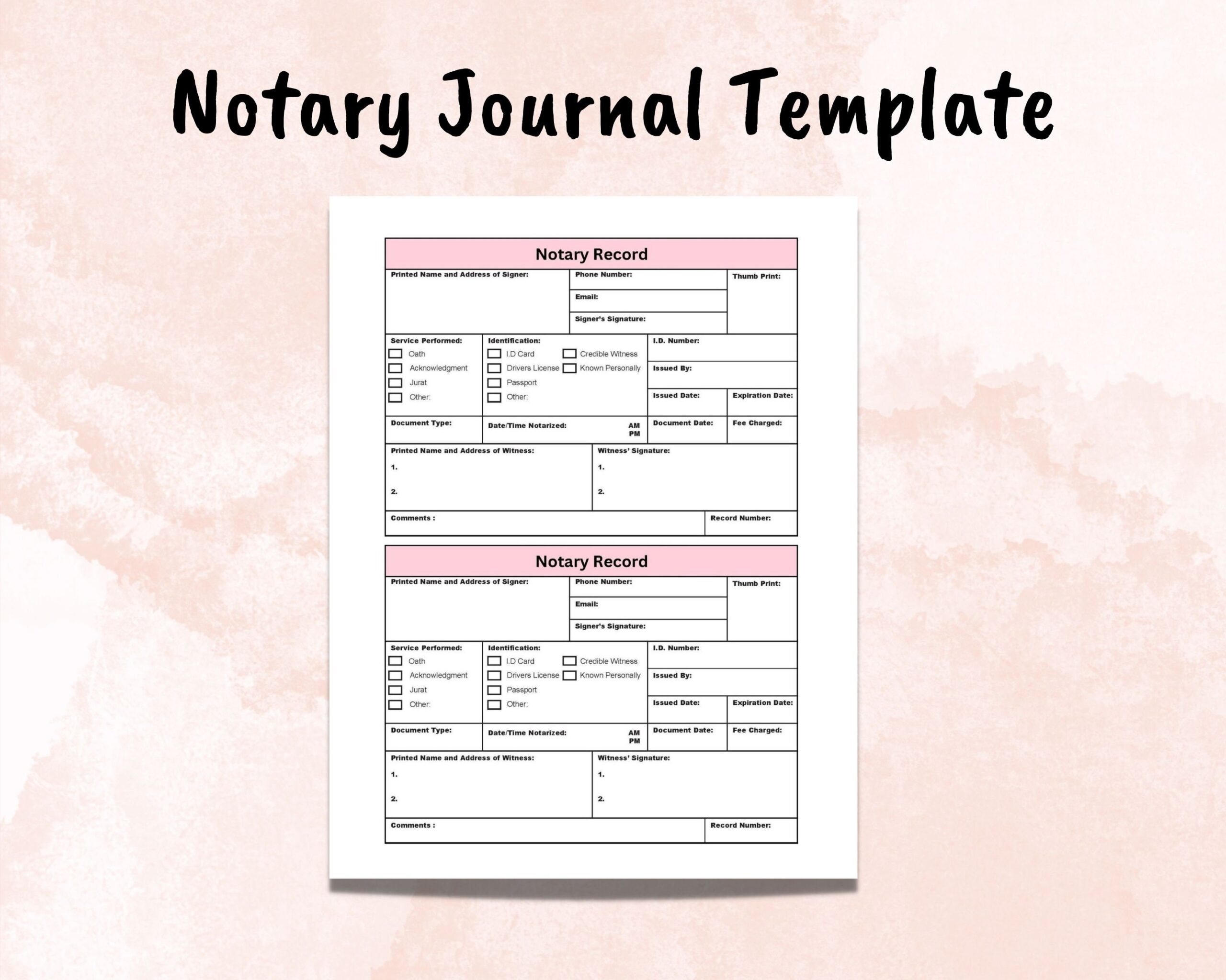notary journal page printable