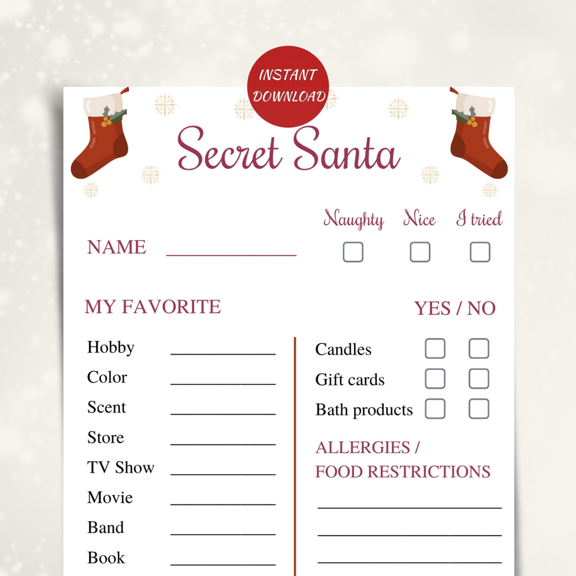secret santa questionnaire printable