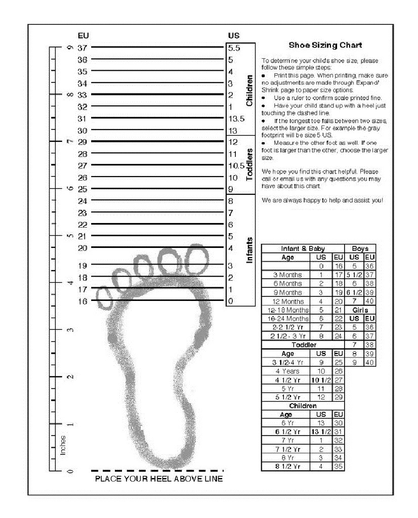 printable foot size chart