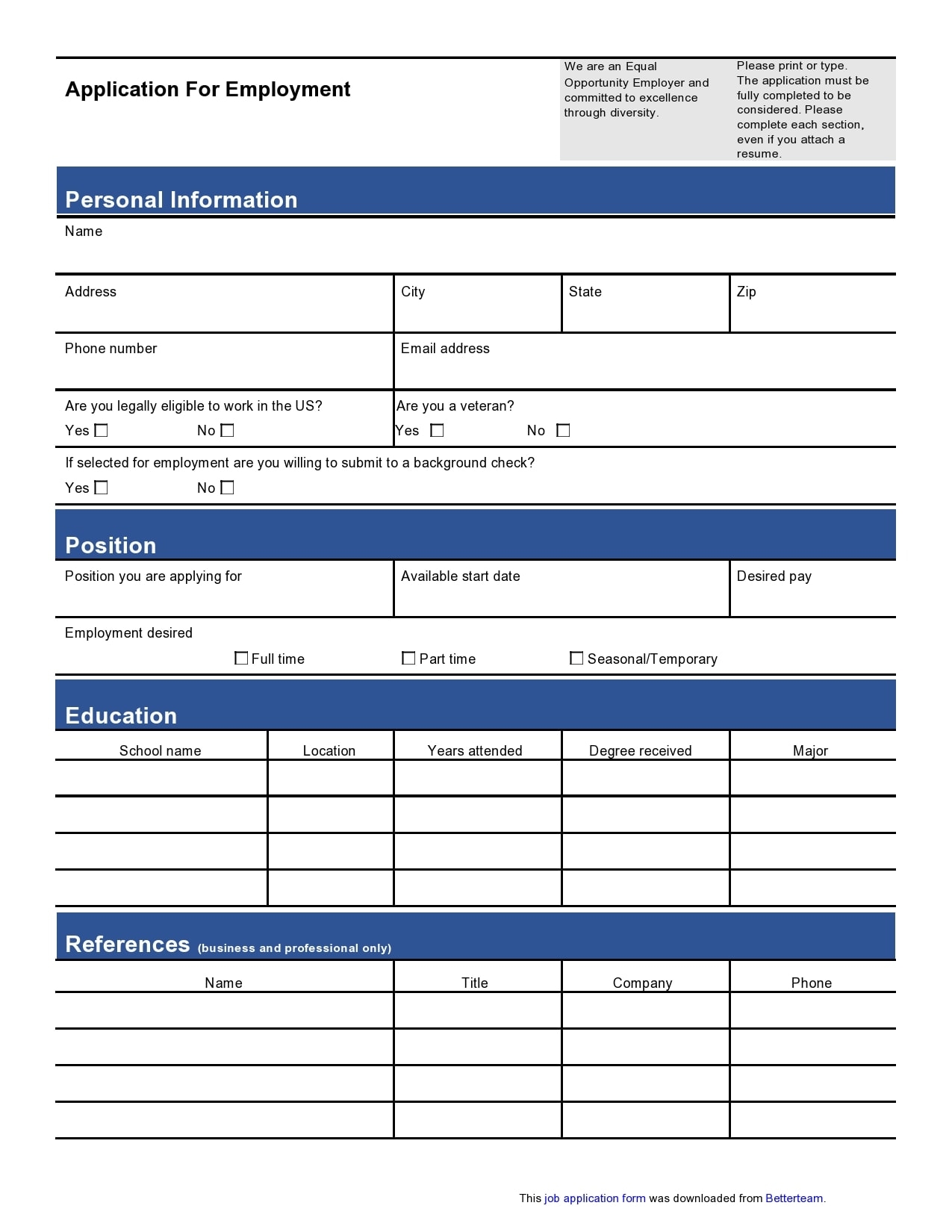 Simple Employment Application Printable Printable Alphabet Charts