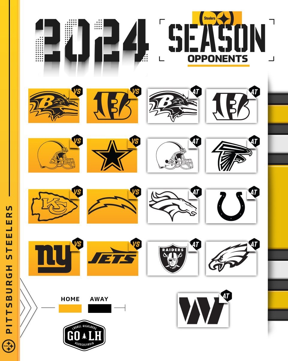 STEEL HERE On X Steelers 2024 Schedule 1 Falcons 2 Broncos 3 Chargers 4 Colts 5 Cowboys 6 Raiders 7 Jets 8 Giants 9 BYE 10 Commanders 11 Ravens 12 Browns 13 Bengals 14 Browns 15 Eagles 16 Ravens 17 Chiefs 18 