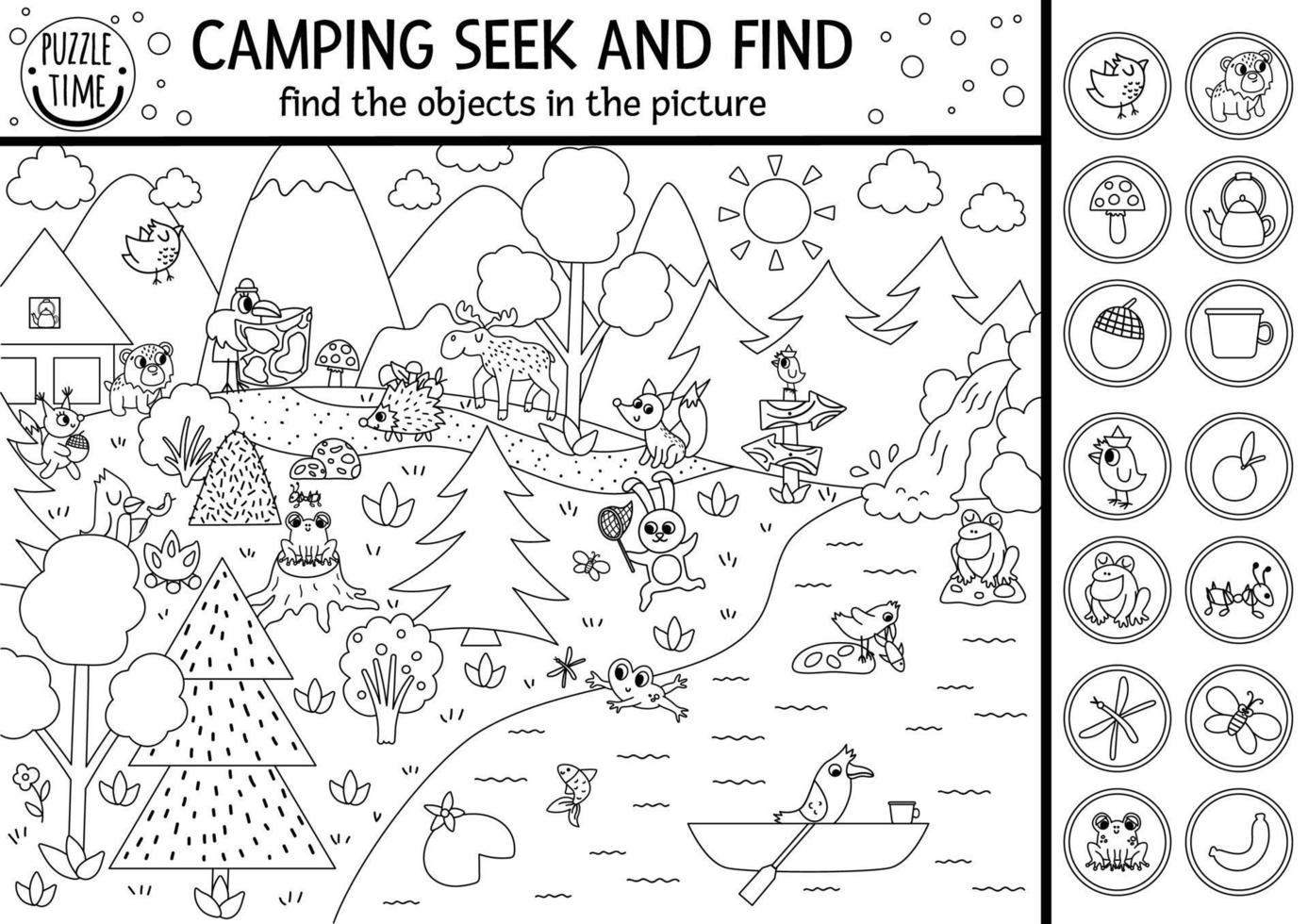Vector Black And White Camping Searching Game Or Coloring Page With Cute Animals In The Forest Spot Hidden Objects Simple Seek And Find S Outline Summer Camp Or Woodland Printable Activity 9012270