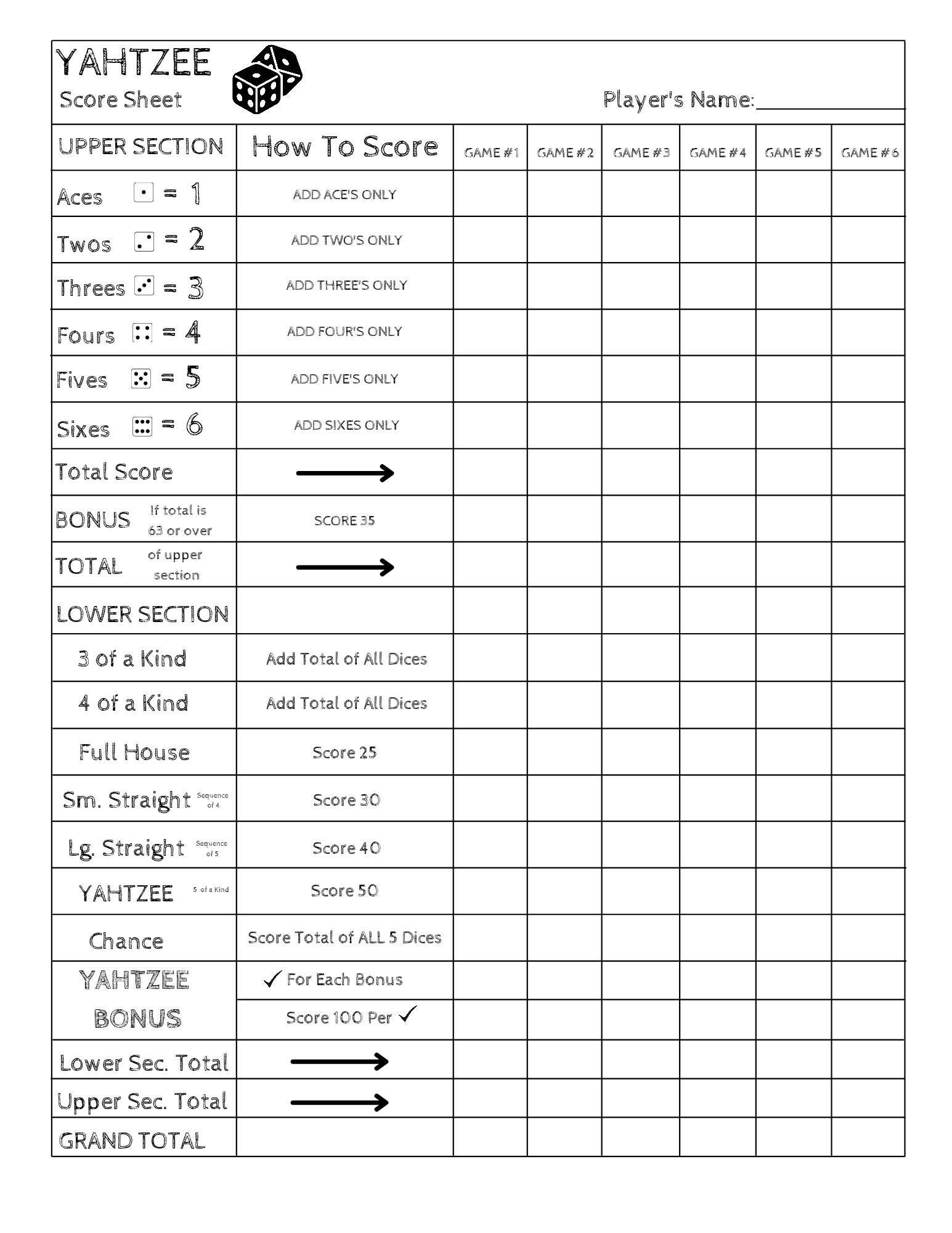 yahtzee score sheet printable