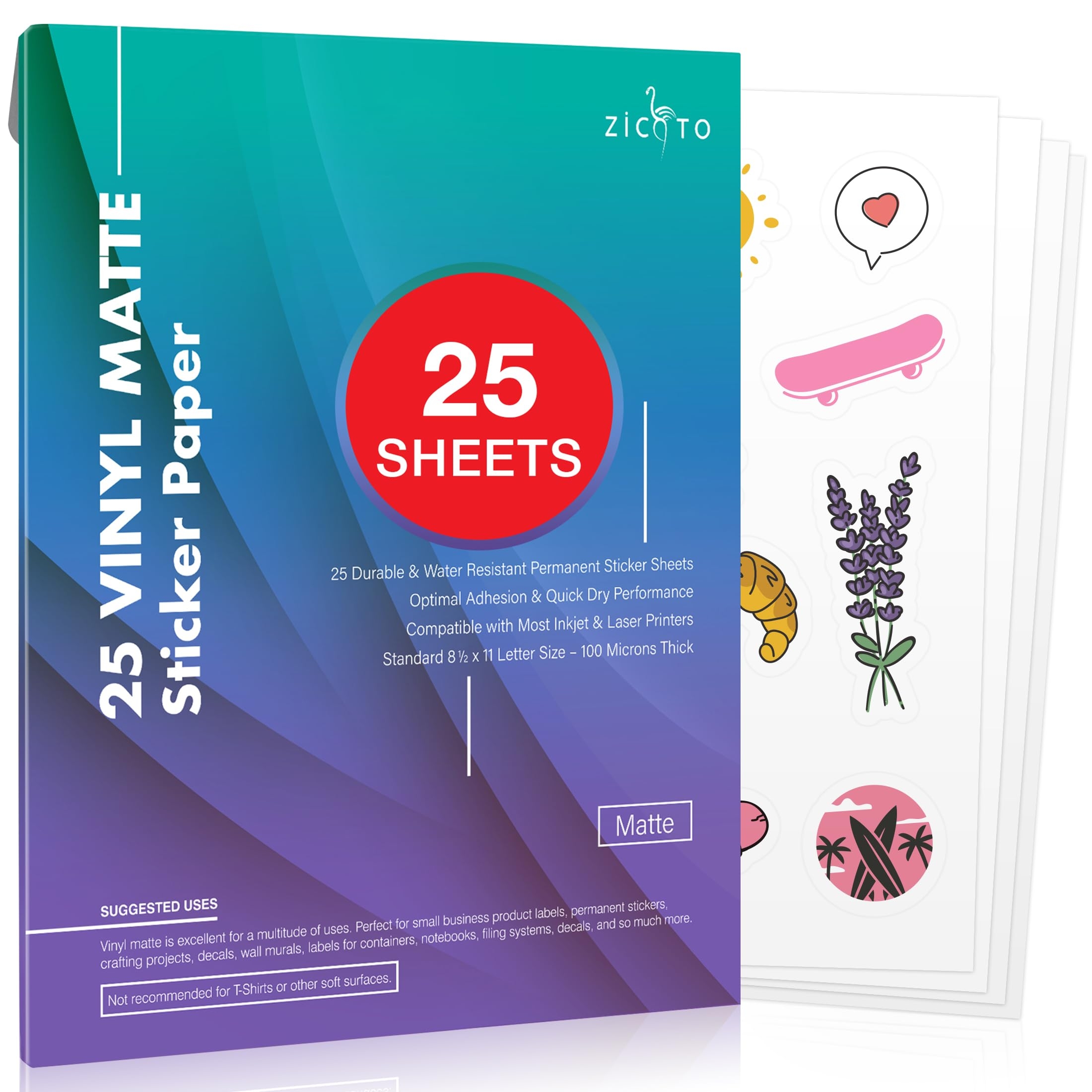 ZICOTO Premium Printable Vinyl Sticker Paper For Your Inkjet And Laser Printer 25 Matte White Waterproof Decal Paper Sheets Dries Quickly And Holds Ink Beautifully Accessories Set For Cricut 