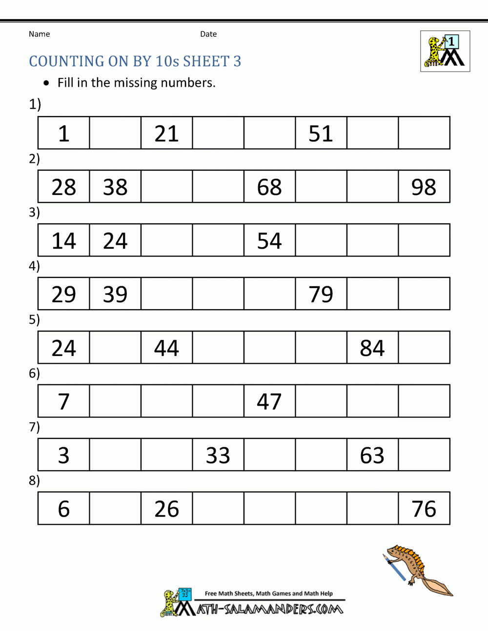 skip counting by tens worksheets