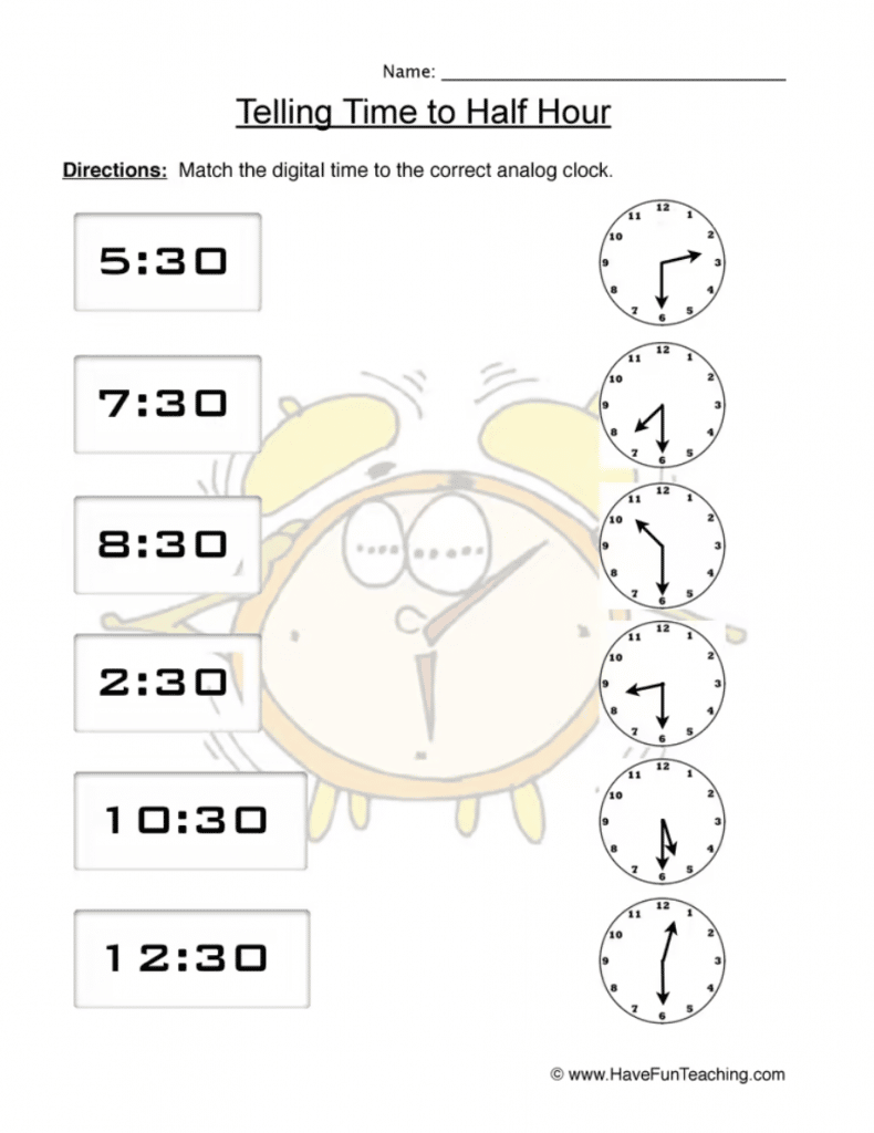 telling time hour and half hour worksheets
