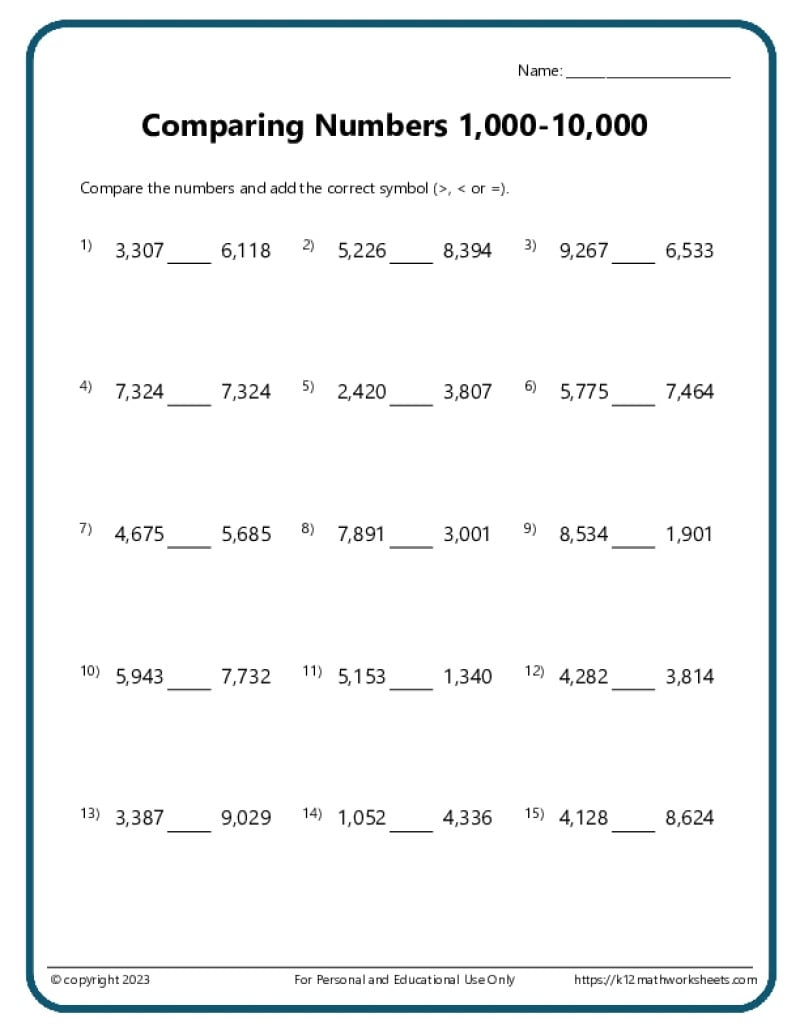 3rd Grade Comparing And Ordering Numbers