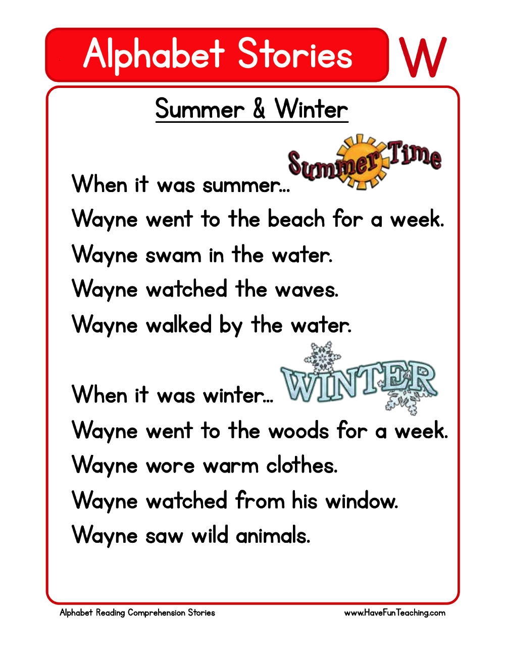 Alphabet Stories Letter W Reading Comprehension Worksheet Have Fun Teaching