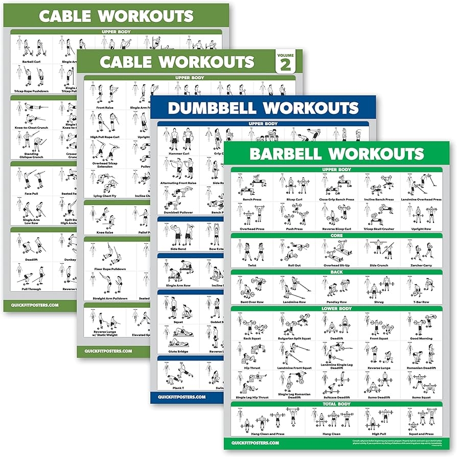 Amazon 4 Pack Cable Machine Workout Posters Volume 1 2 Dumbbell Exercises Barbell Exercises LAMINATED 18 X 24 Palace Learning Sports Outdoors