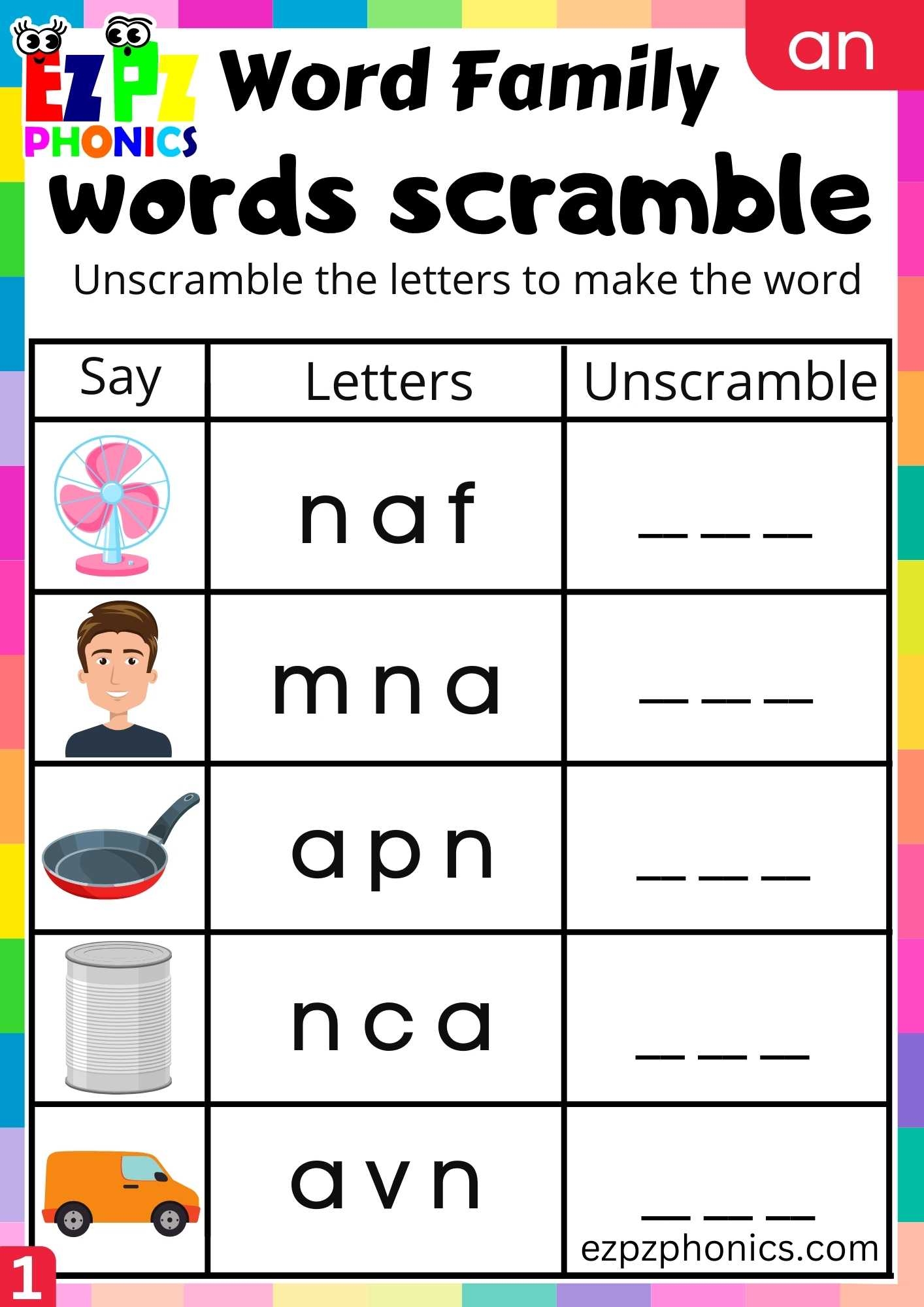 AN Words Words Scramble Phonics Word Families Worksheet Ezpzphonics AN Words Words Scramble Phonics Word Families Worksheet Ezpzphonics