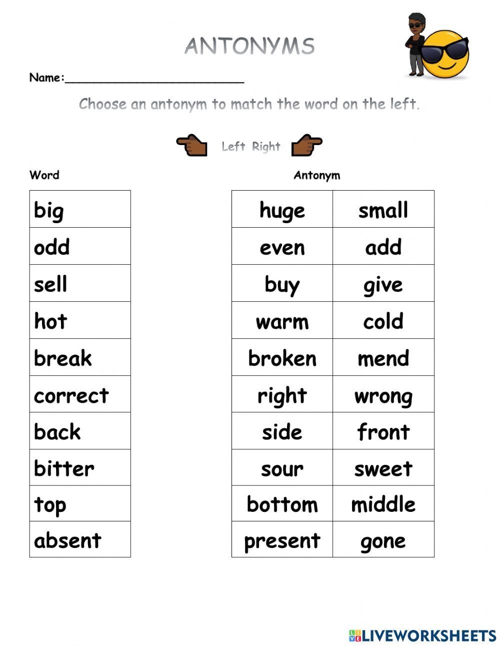 Antonyms Interactive Exercise For Grade 2 Standard One Live Worksheets Library