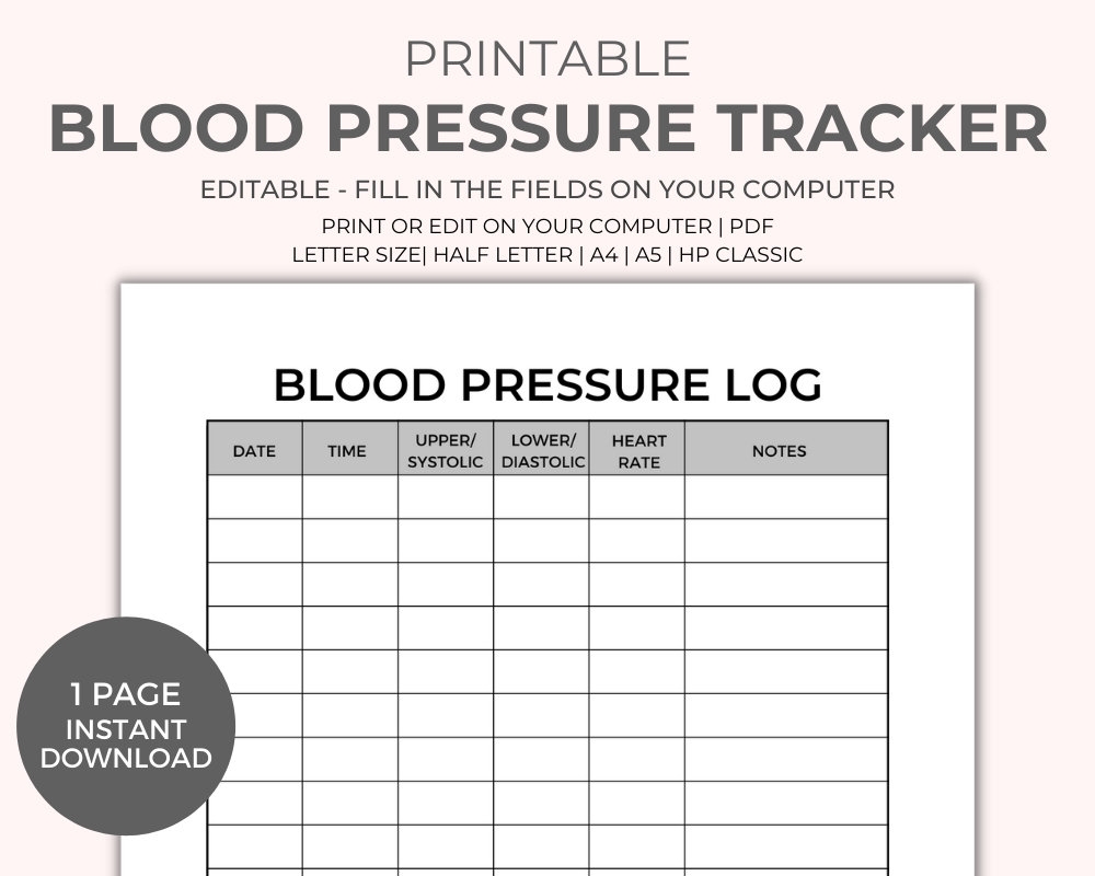 Blood Pressure Chart Printable Instant Download Medical Tracker Editable Blood Pressure Tracker BP Tracker Blood Pressure Log Etsy
