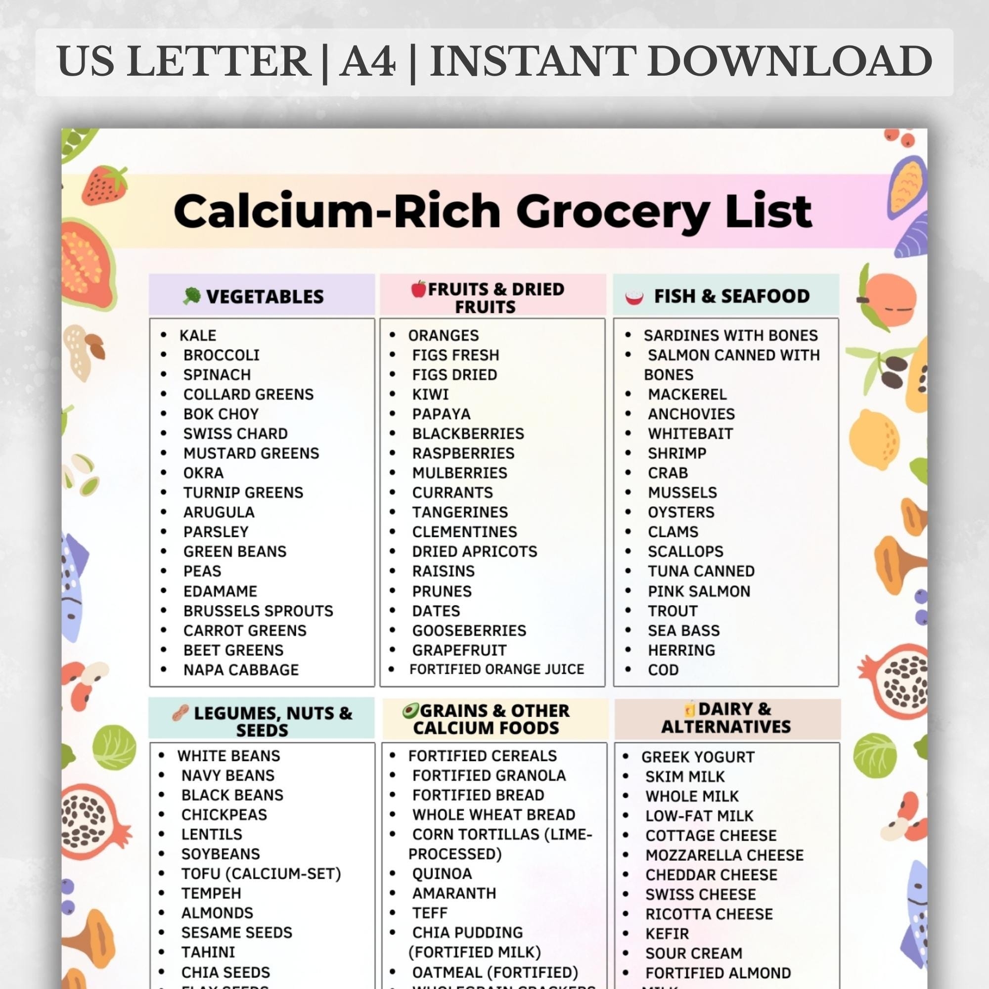 Calcium Rich Food List Printable High Calcium Foods Chart Calcium Foods Grocery List PDF Calcium Diet Food List Digital Download Etsy Israel