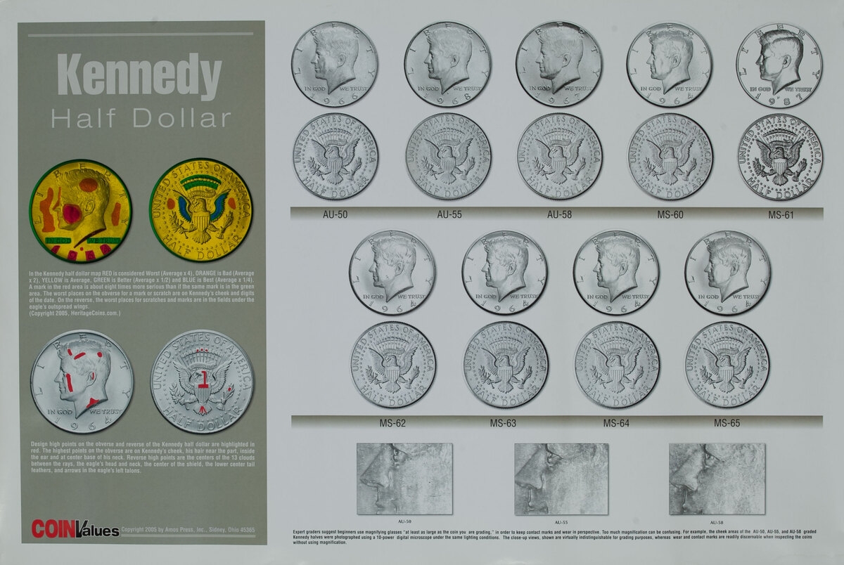 Coin Values Grading Condition Poster Kennedy Half Dollar David Pollack Vintage Posters