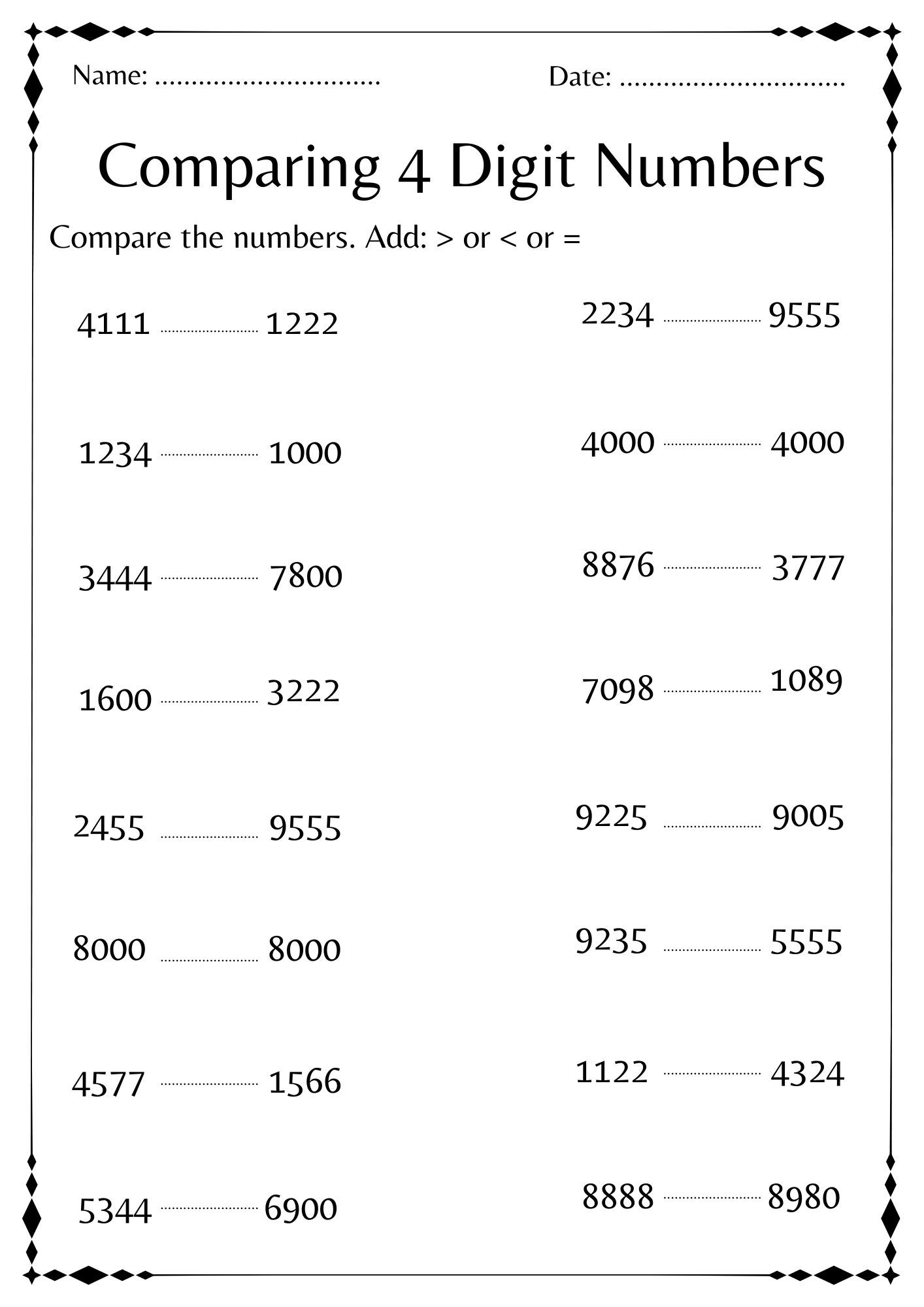 Comparing 4 Digit Numbers Activities Math Worksheet For Kindergarten Made By Teachers