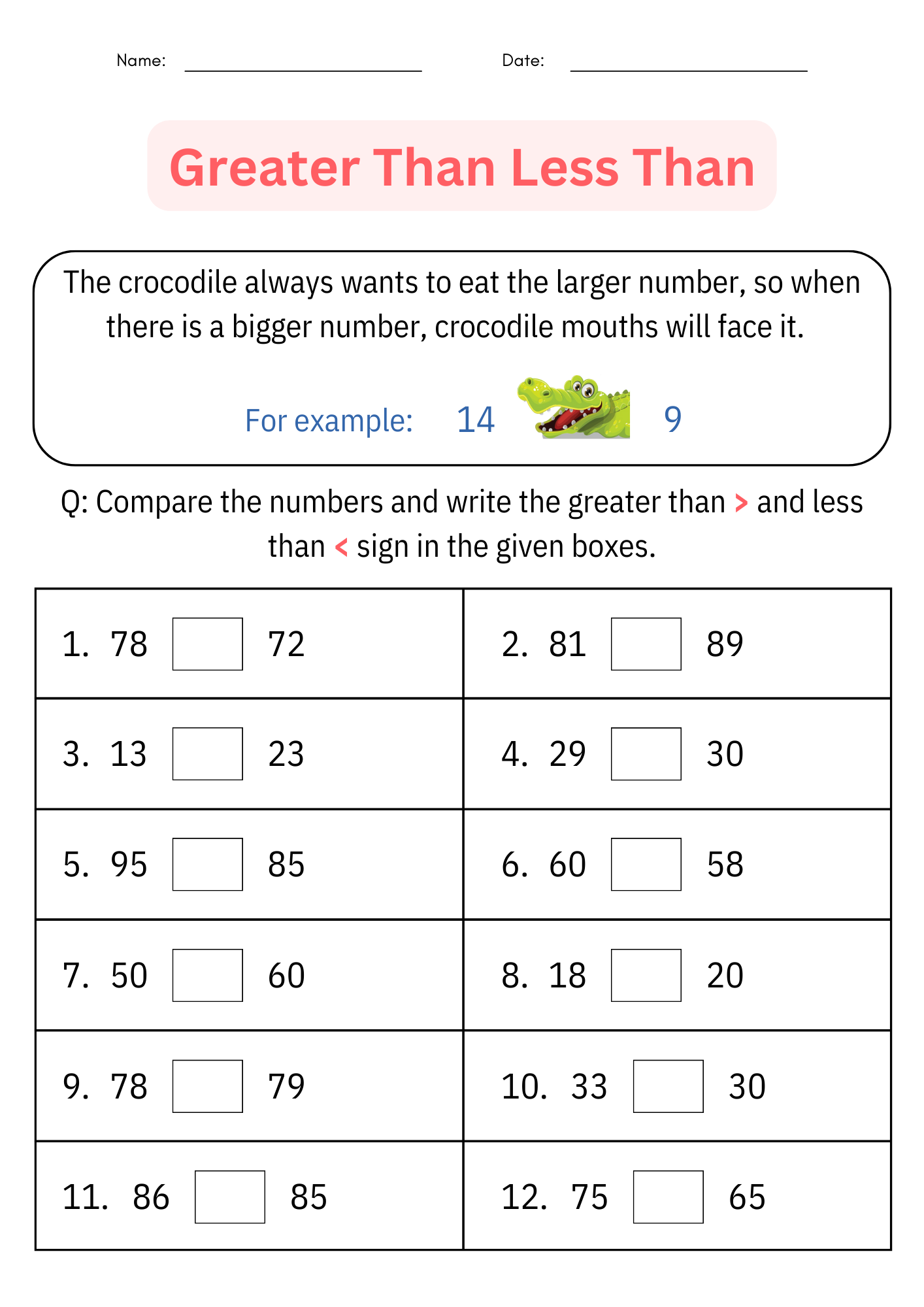 Comparing Numbers To 100 Greater Than Less Than Worksheets For Kindergarten Made By Teachers