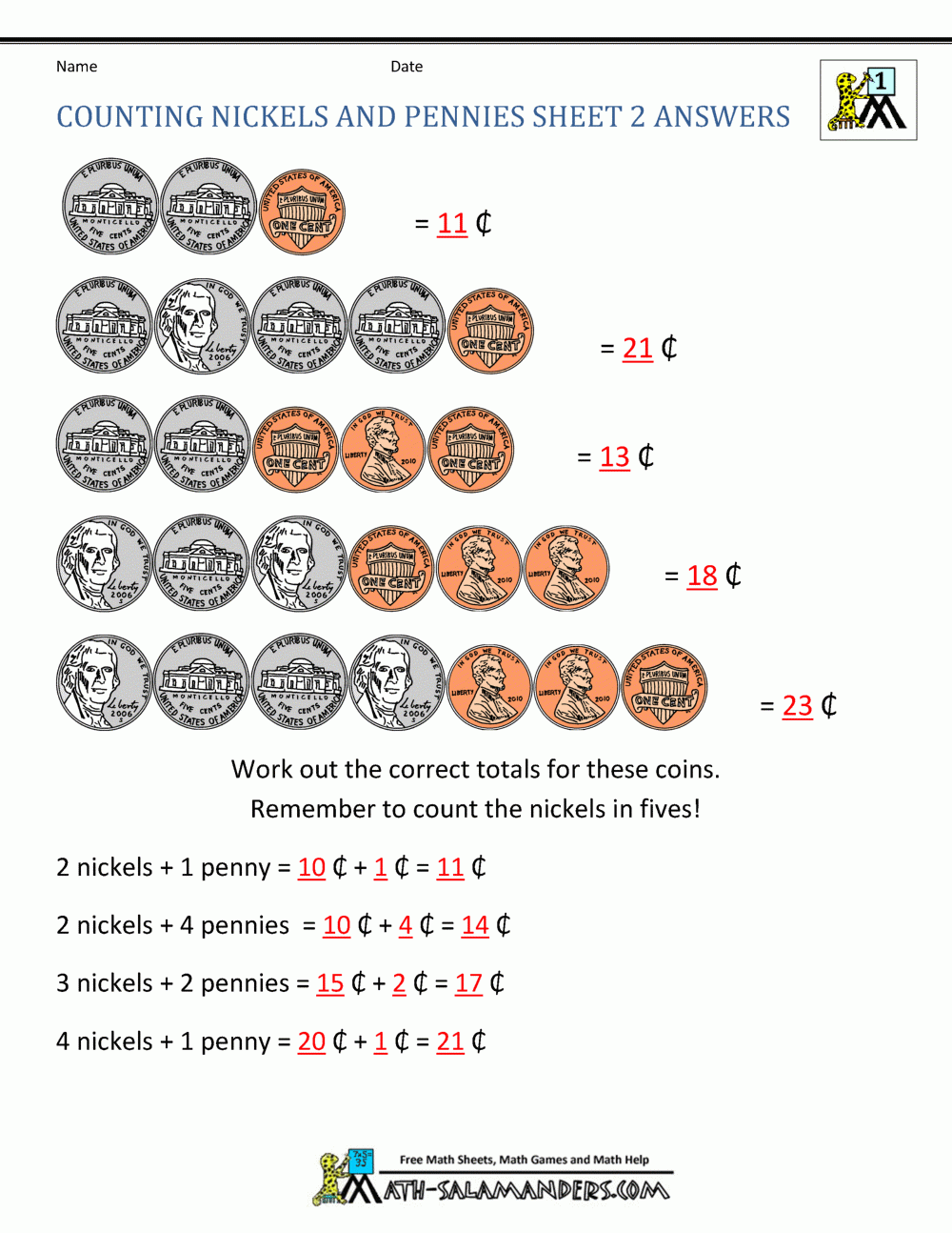 Counting Nickels And Pennies Sheet 2 Answers Counting Nickels And Pennies Sheet 2 Answers