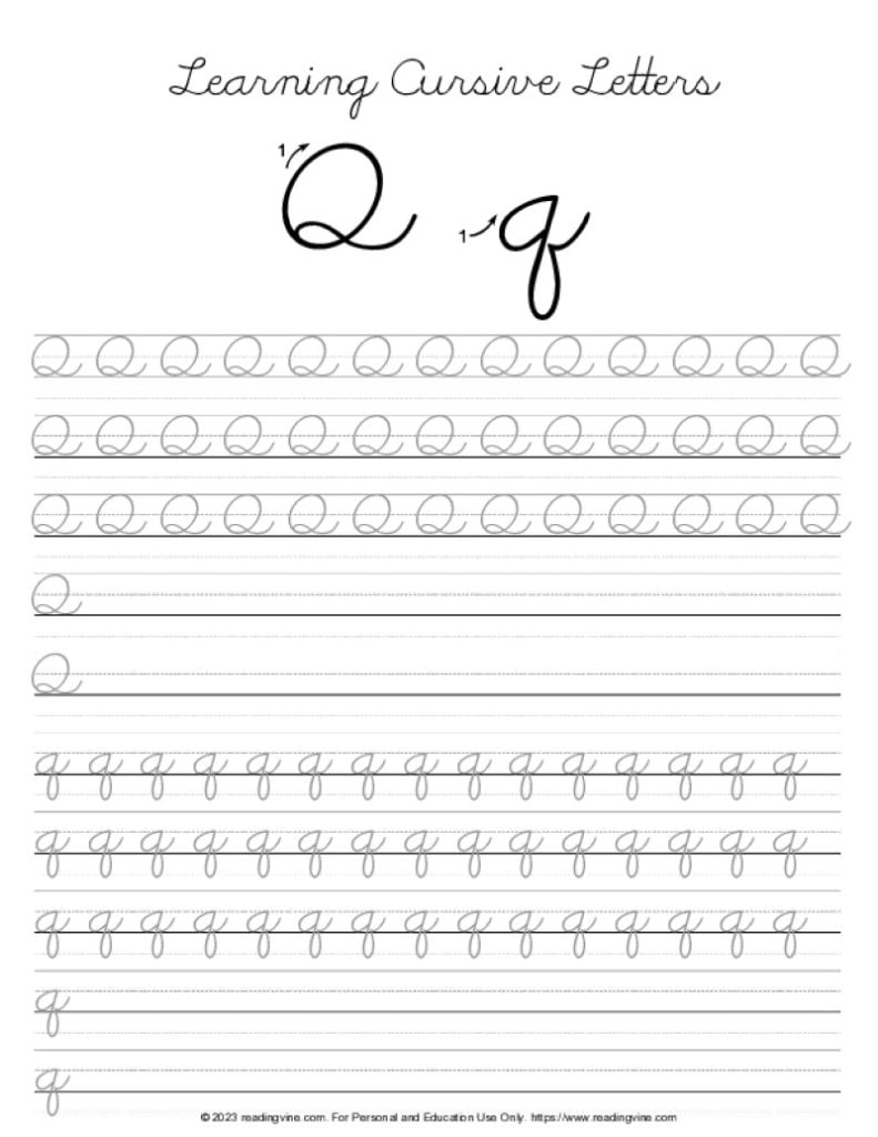 Cursive Q Free Printable Practice Worksheets ReadingVine