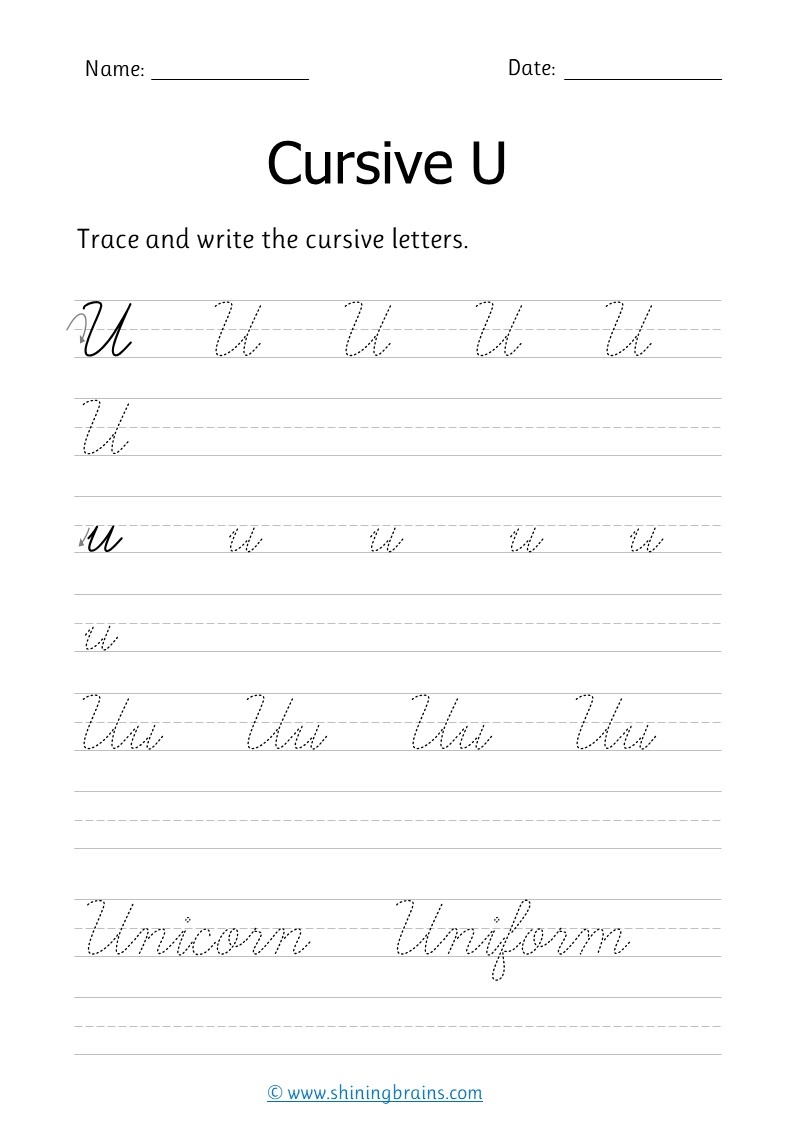 Cursive U Free Cursive Writing Worksheet For Small And Capital U Practice