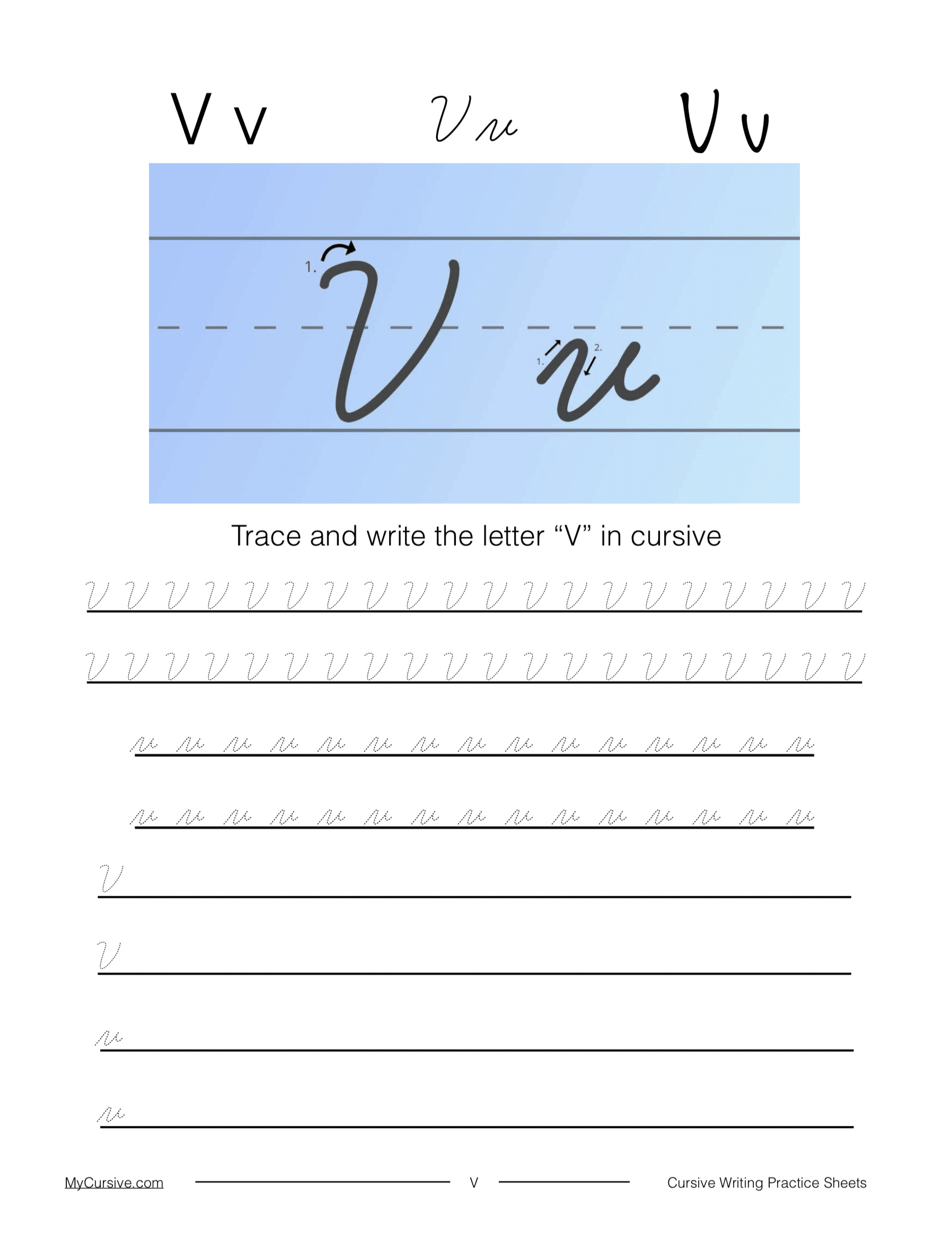 Cursive V Full Tutorial And Worksheet