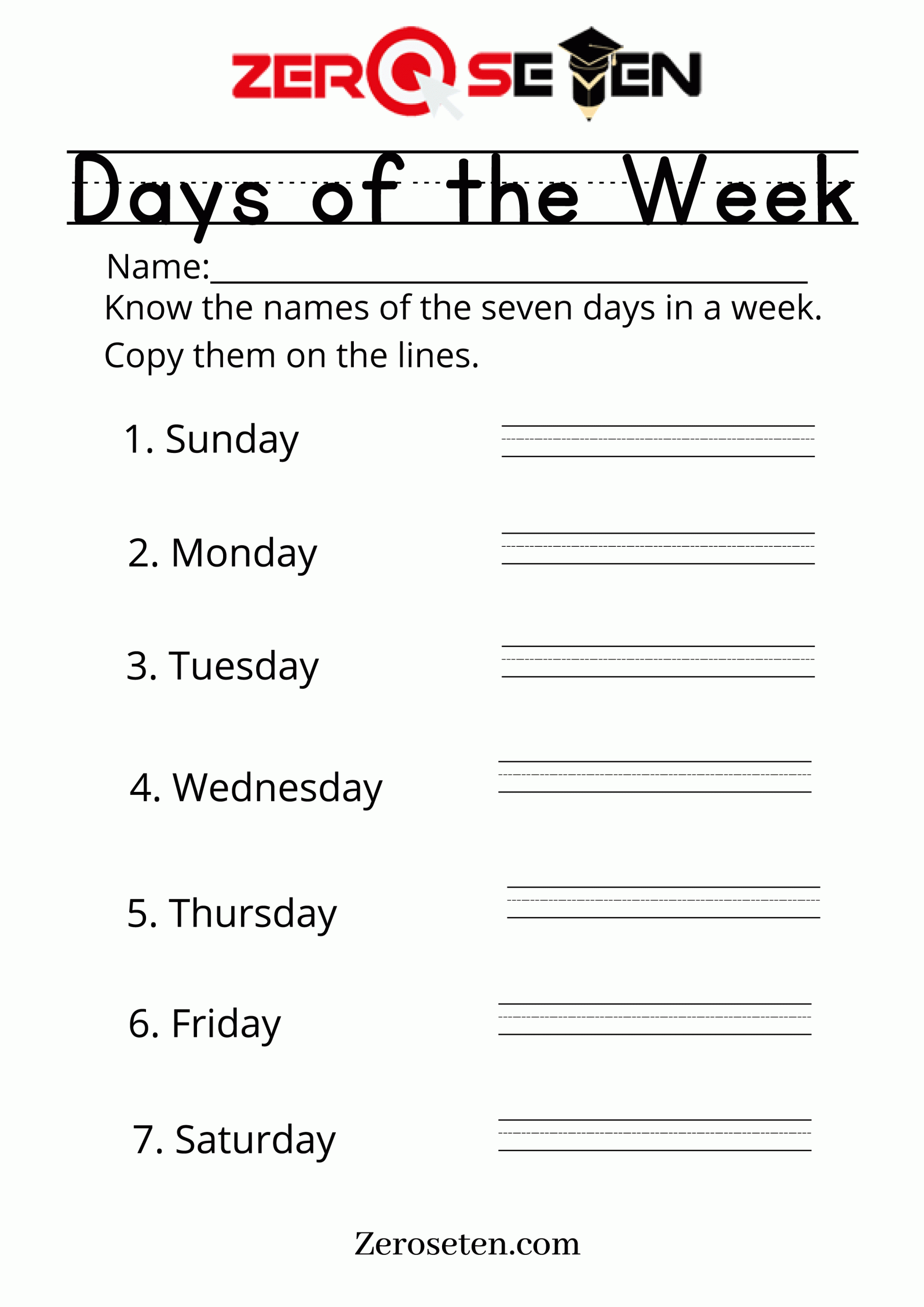 days of week worksheet