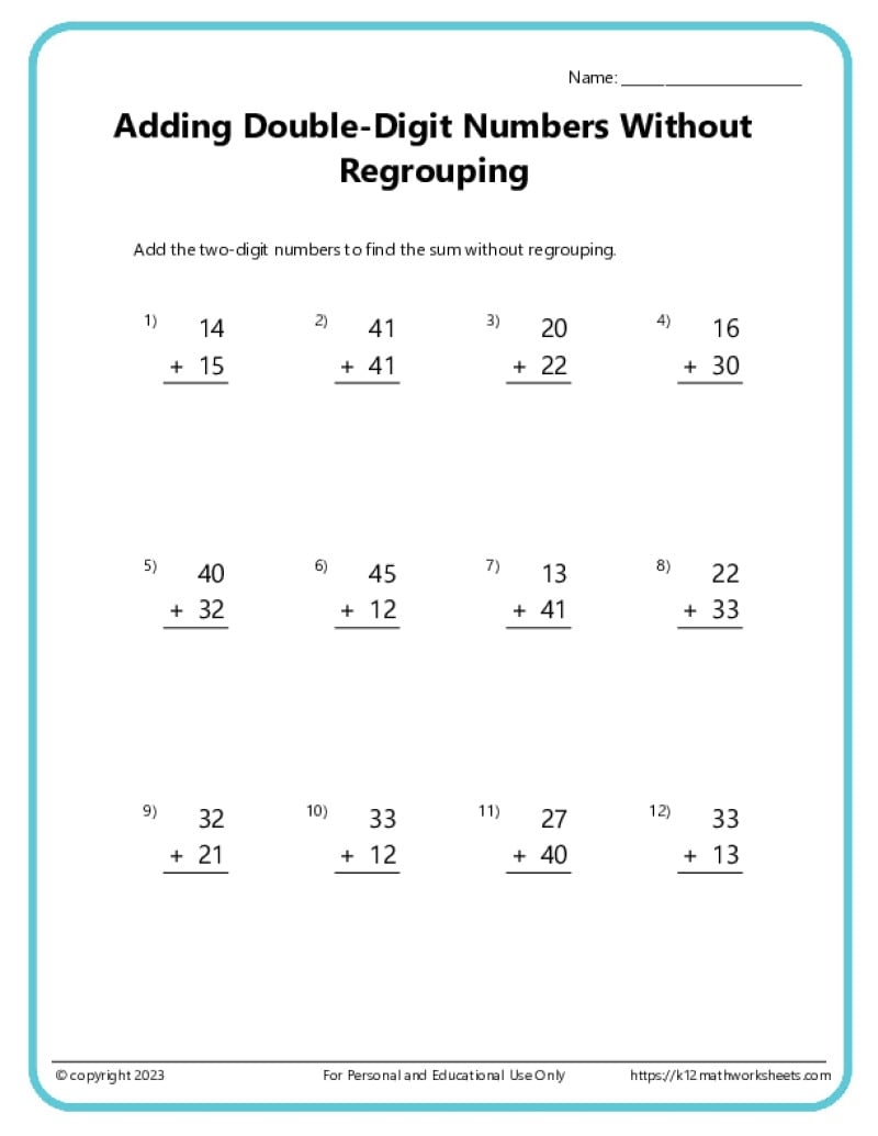Double Digit Addition Without Regrouping Worksheets