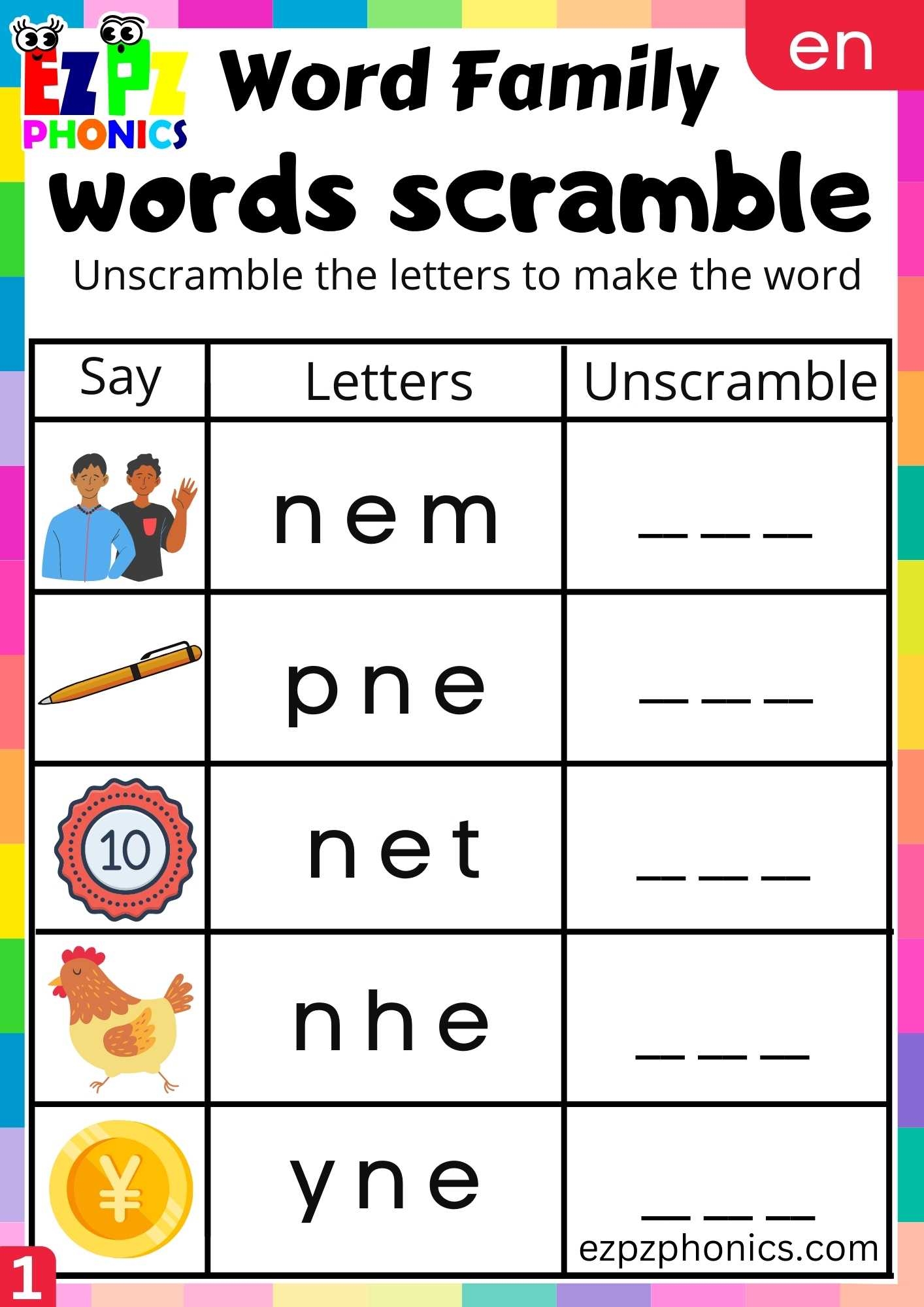 EN Words Words Scramble Phonics Word Families Worksheet Ezpzphonics