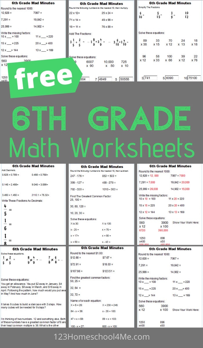 math worksheets for sixth graders printable