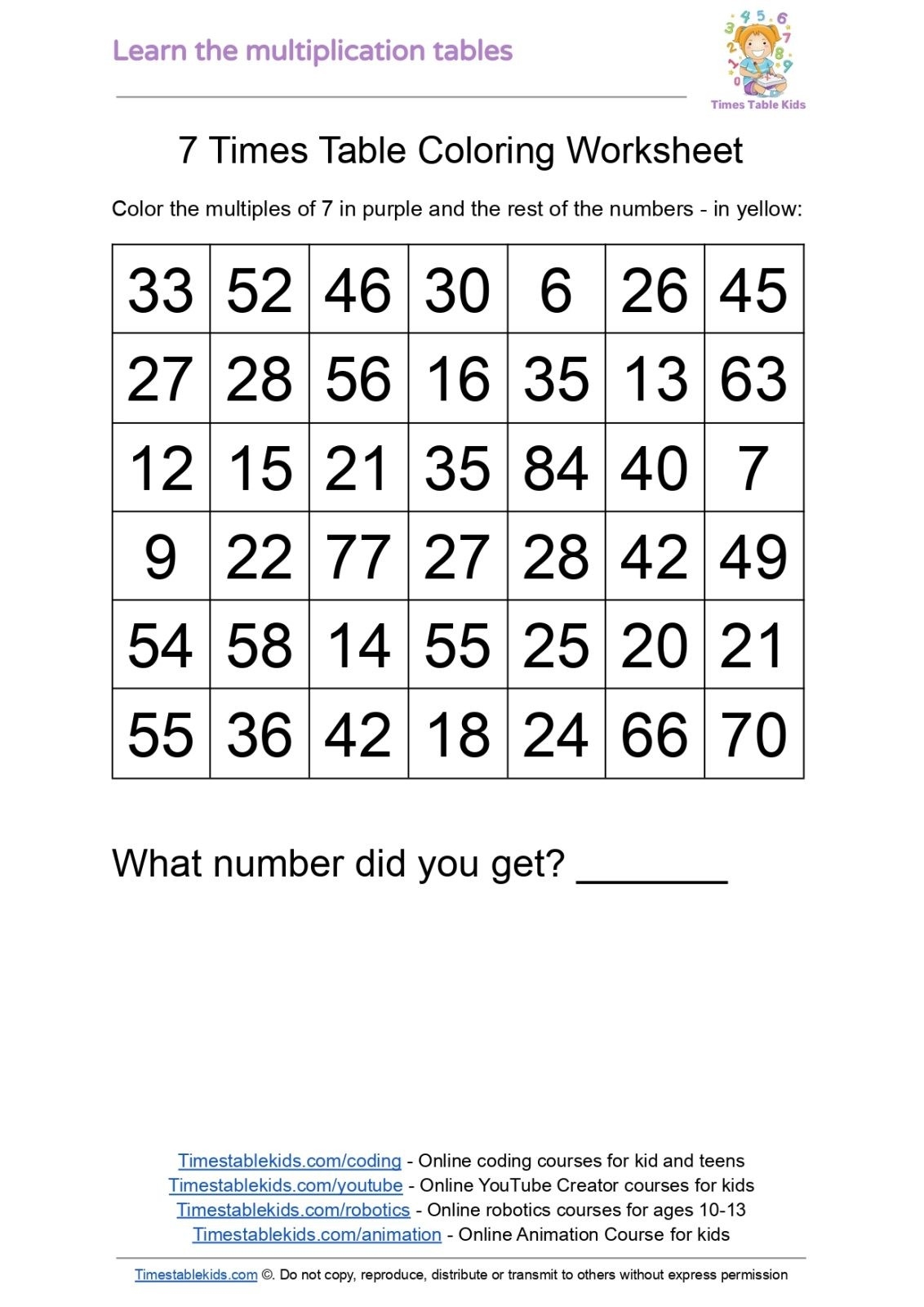 Free 7 Times Table Worksheet Coloring Times Tables Kids