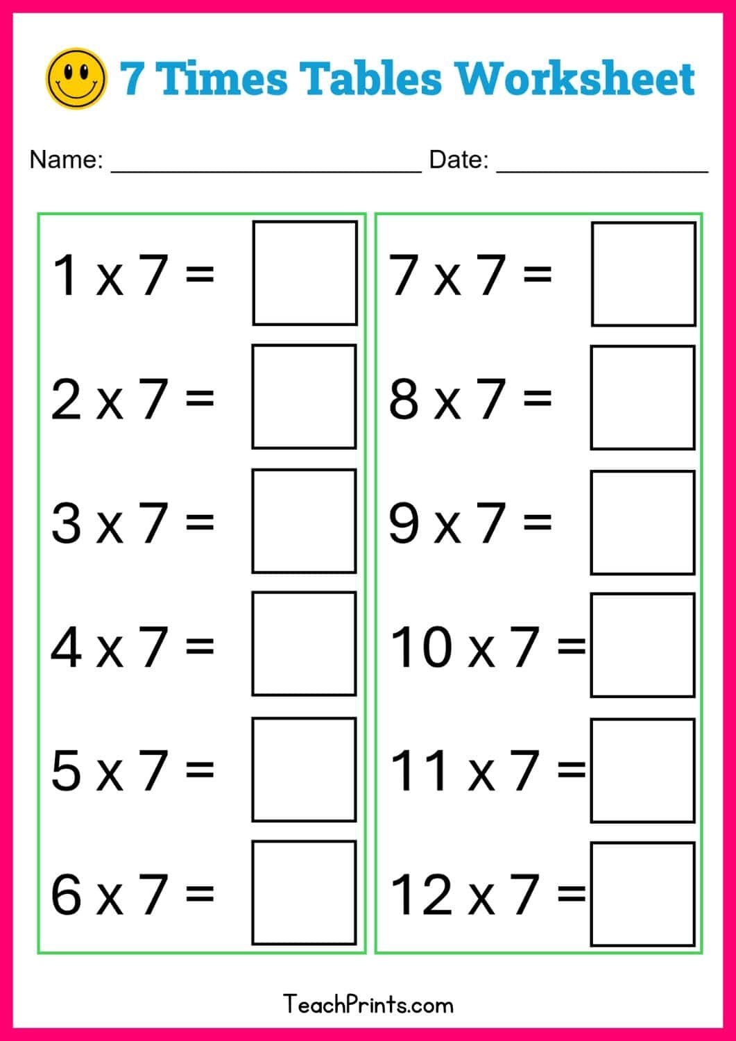 7 times tables worksheets