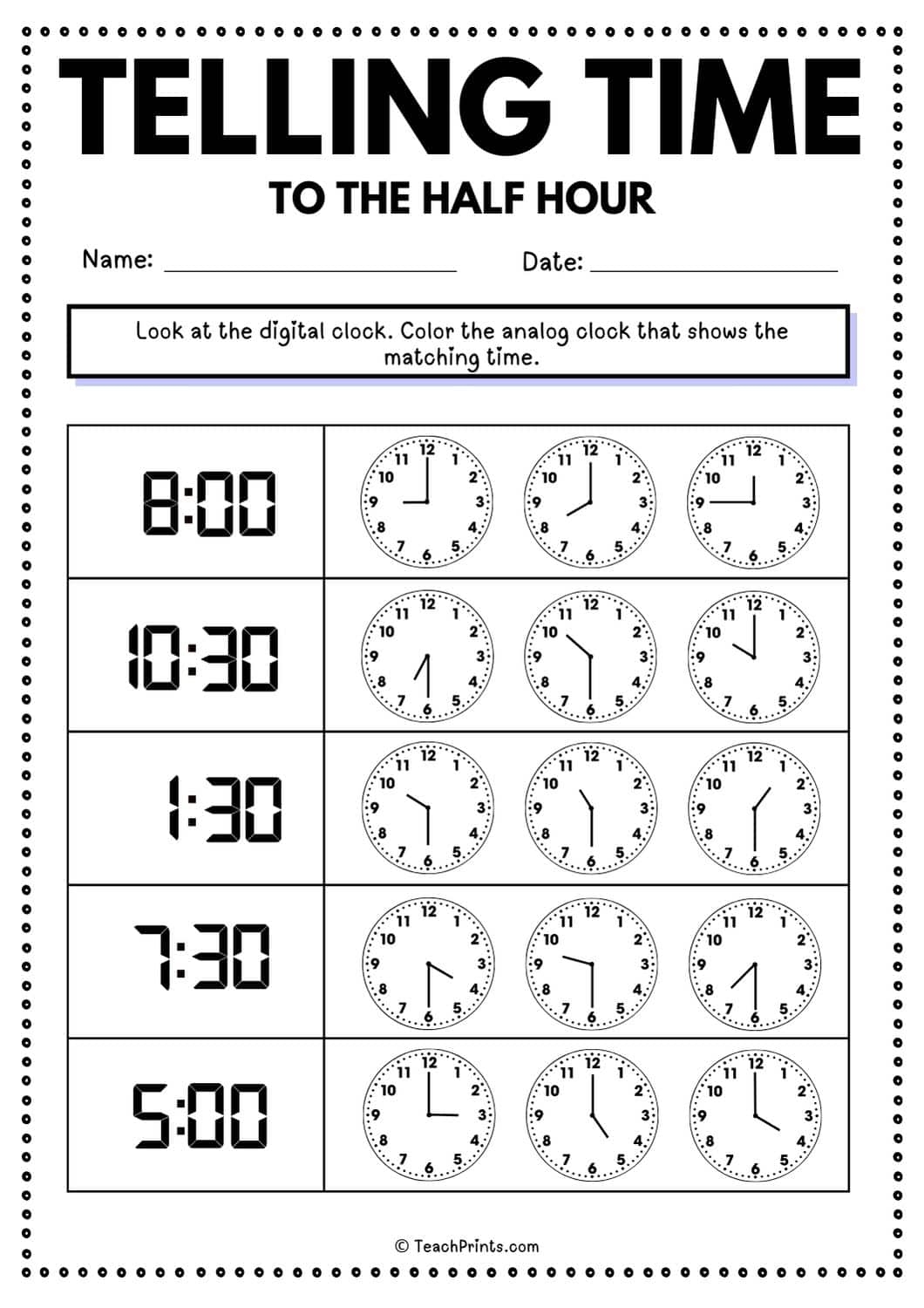Free Telling Time To The Half Hour Worksheets Teach Prints Free Telling Time To The Half Hour Worksheets Teach Prints