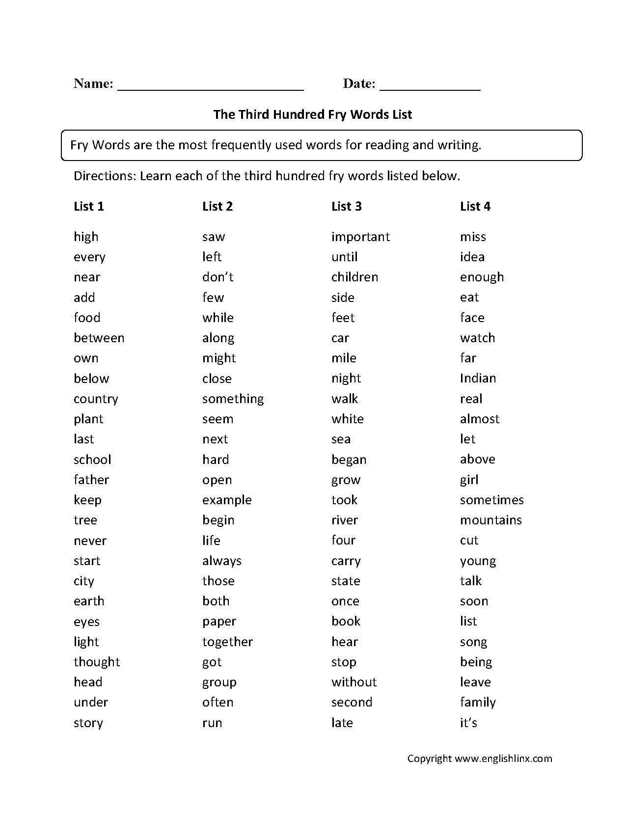 Fry Words Worksheets Third Hundred Fry Words List Worksheets