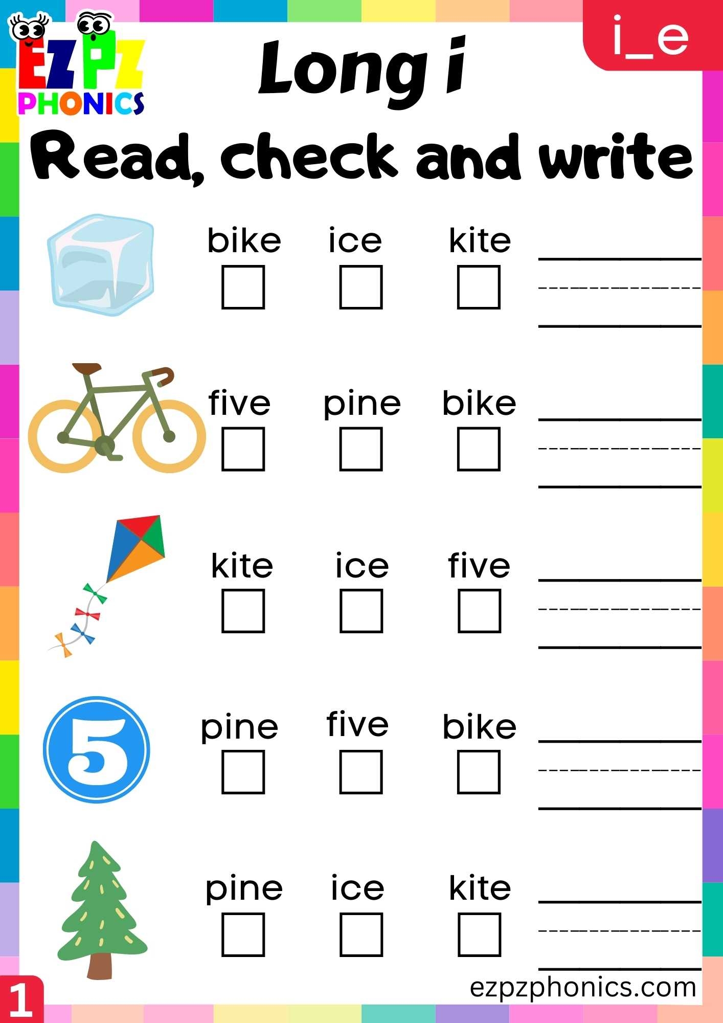 Group1 I E Words Read Check And Write Long I Phonics Worksheet Ezpzphonics