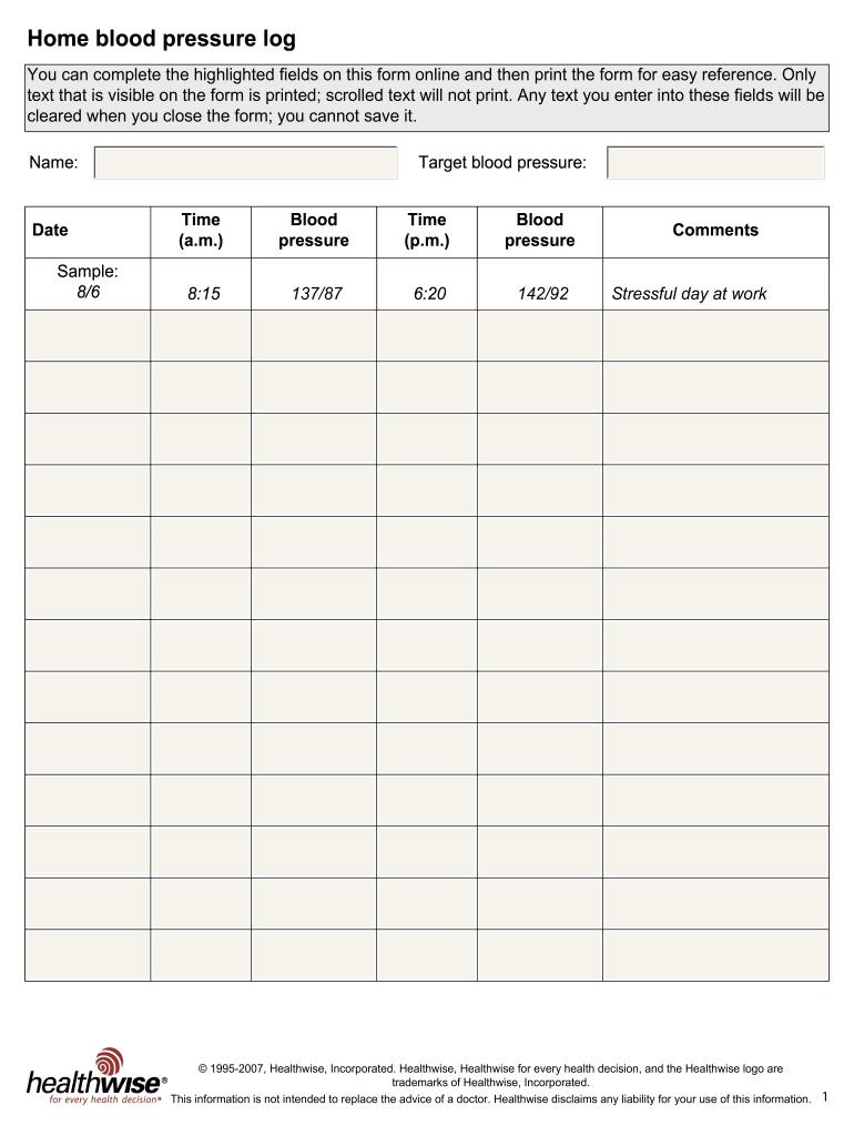 Printable Nhs Blood Pressure Recording Chart