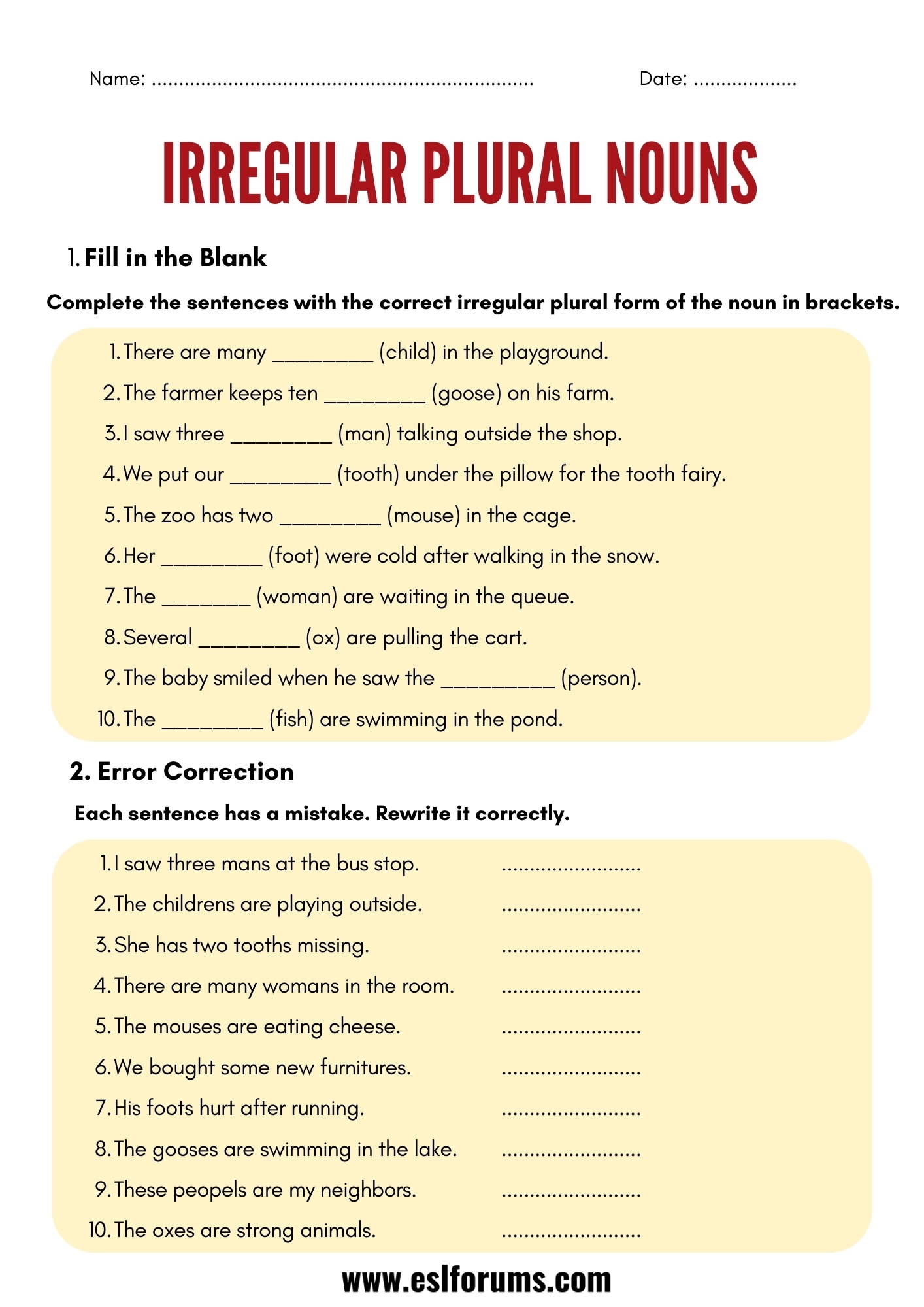 Irregular Plural Nouns Worksheets And Exercises ESL Forums