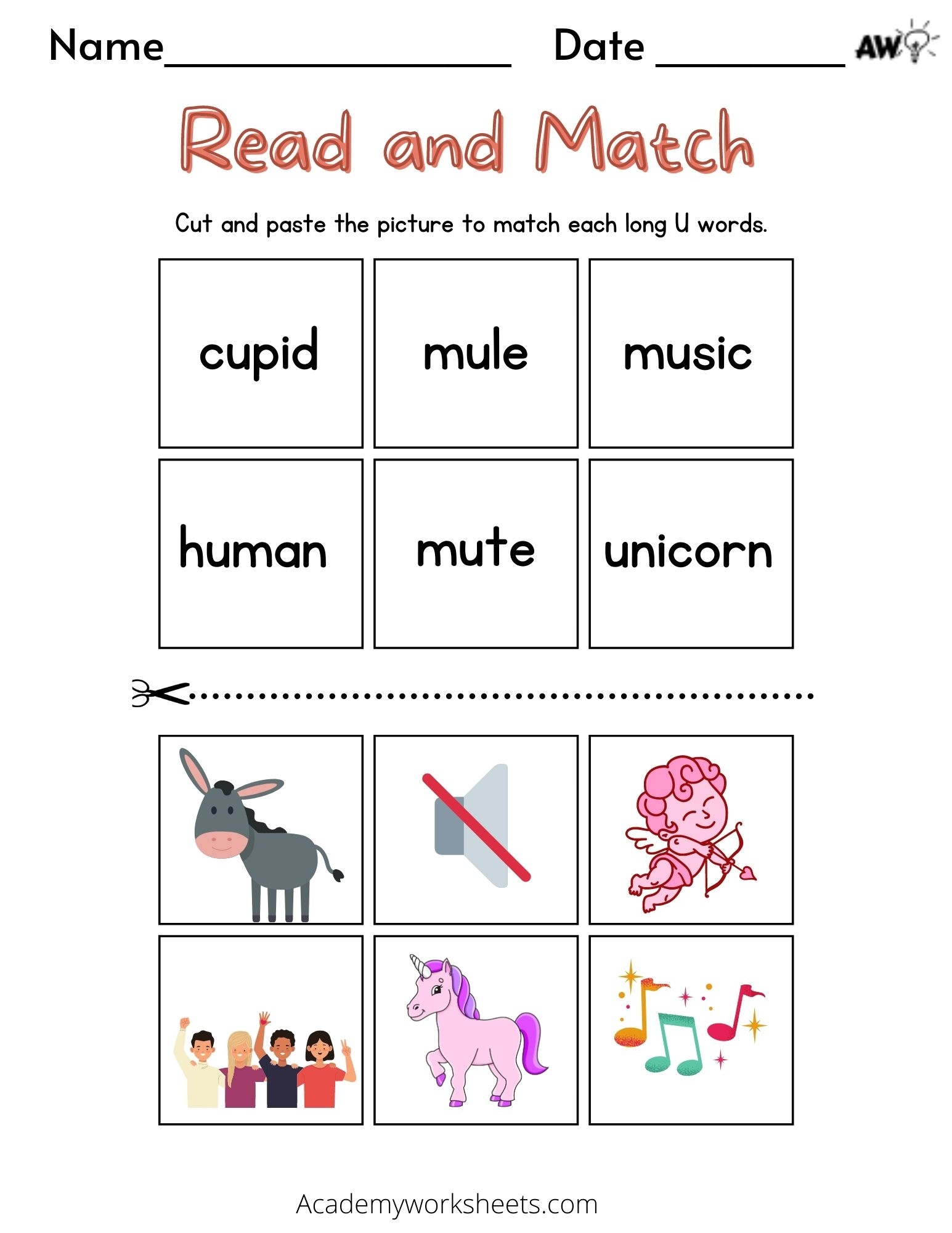Long Vowel U Words Academy Worksheets
