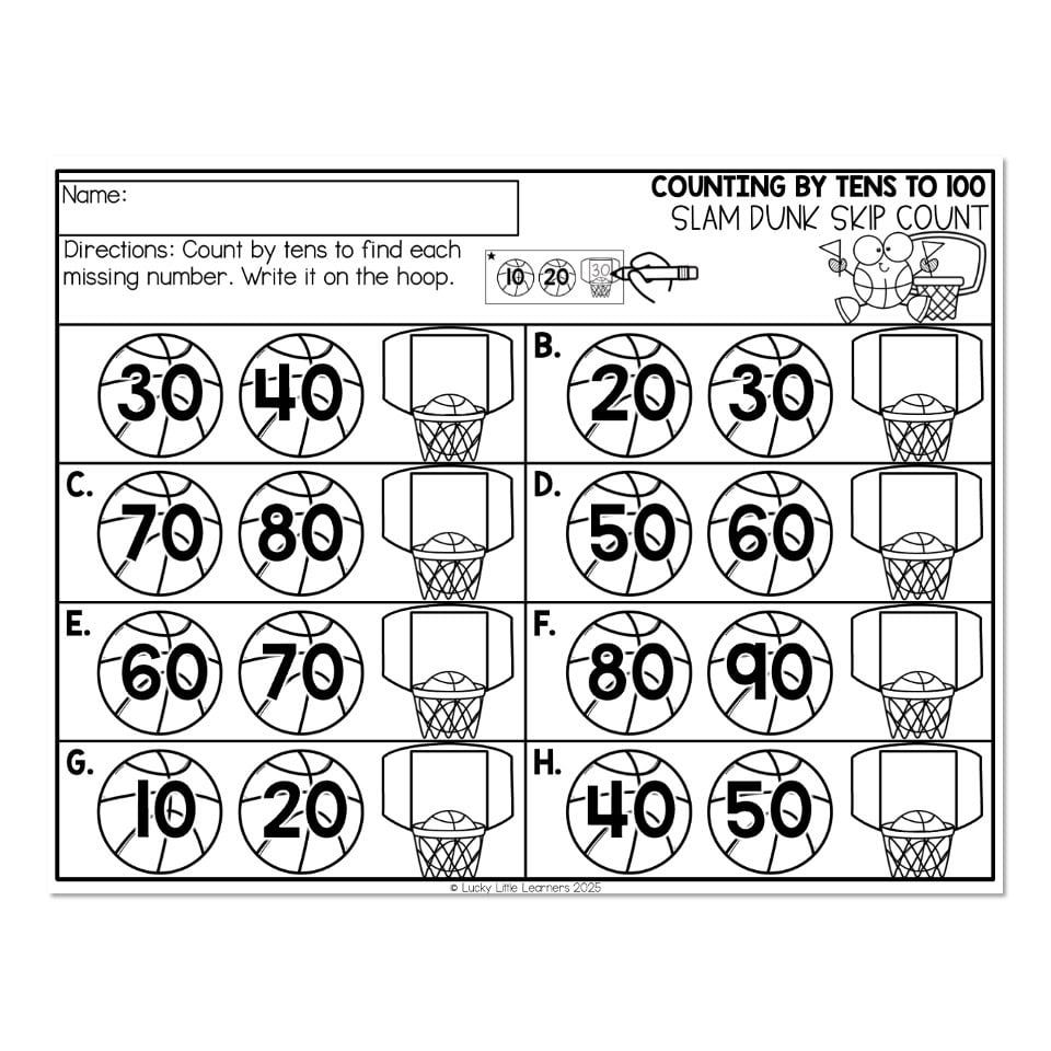 Math Worksheet Count By Tens To 100 Slam Dunk Skip Count Lucky Little Learners