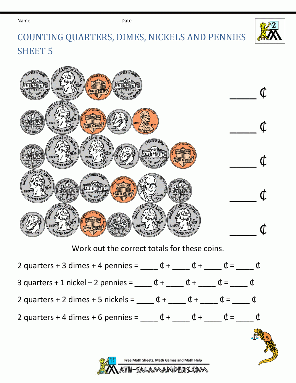 pennies nickels dimes and quarters worksheets