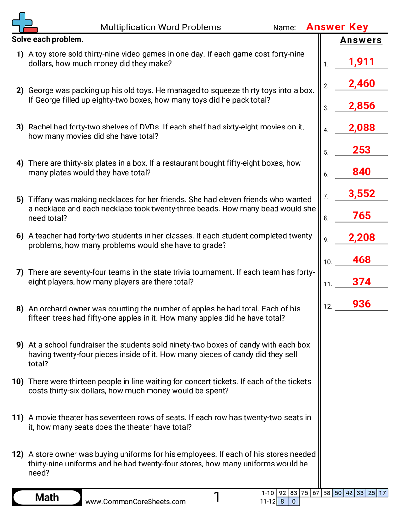 Multiplication Word Problems Worksheet Download