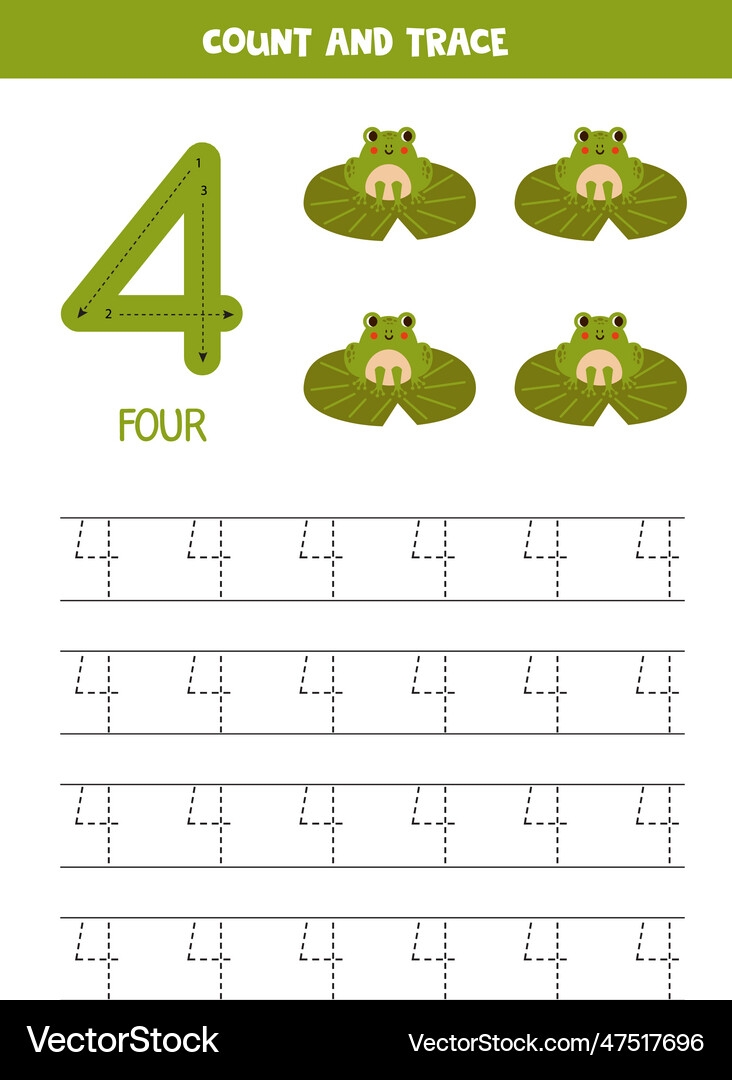 Number 4 Tracing Worksheet Cute Frogs Royalty Free Vector VectorStock