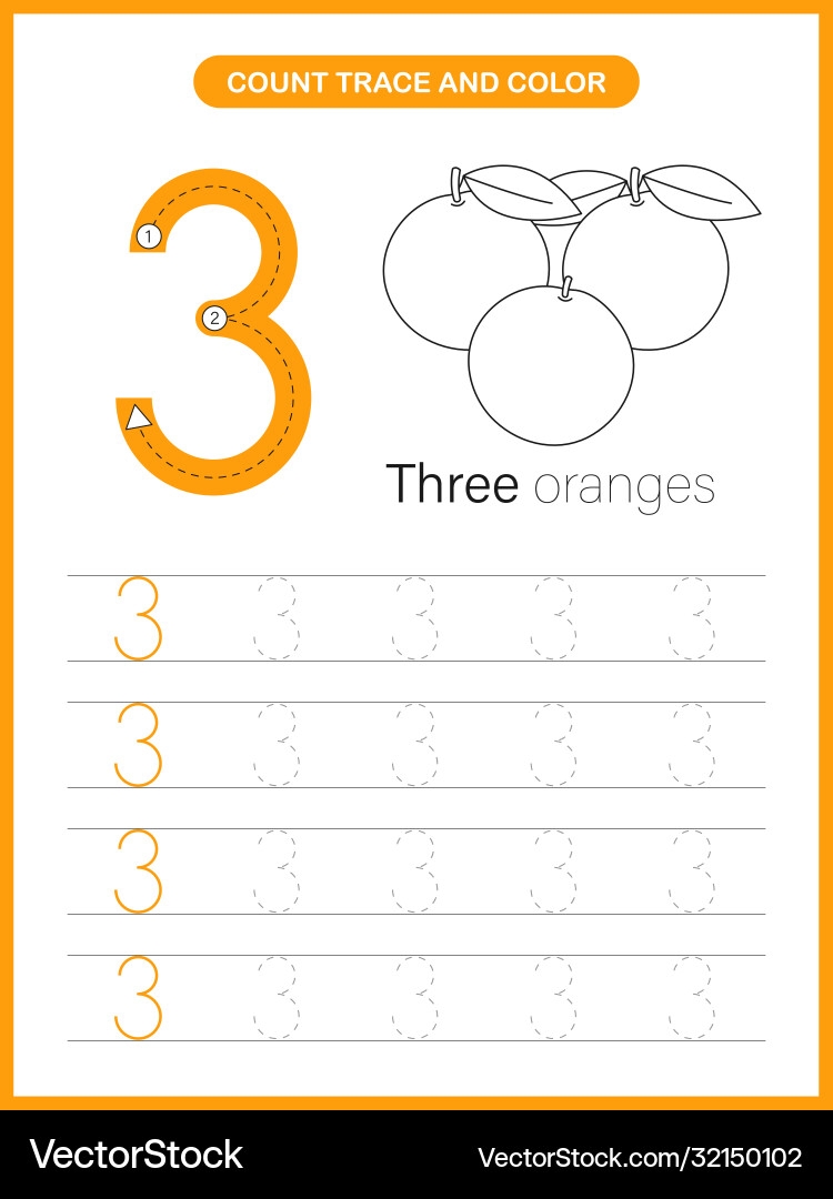 Number Trace And Colour Worksheet 3 Royalty Free Vector VectorStock