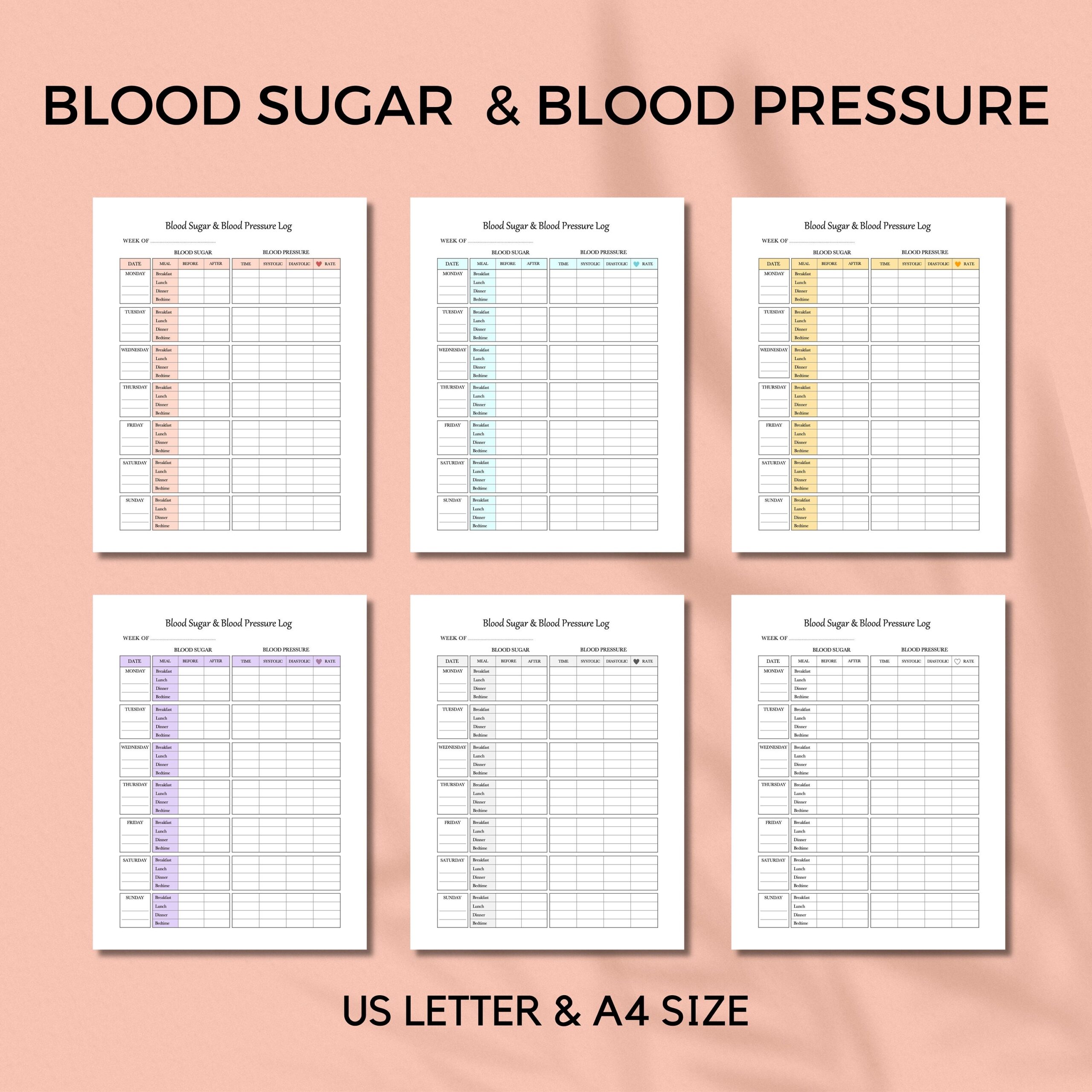 Printable Blood Sugar And Blood Pressure Tracker Daily Weekly Blood Sugar And Blood Pressure Log Book US Letter Size And A4 Etsy