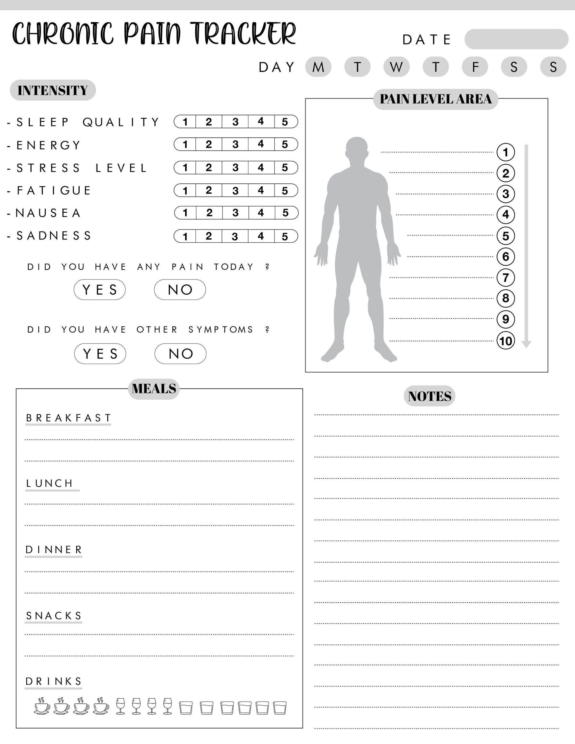Printable Chronic Pain Tracker track Pain Events Symptoms severity instant DOWNLOAD A4 Etsy