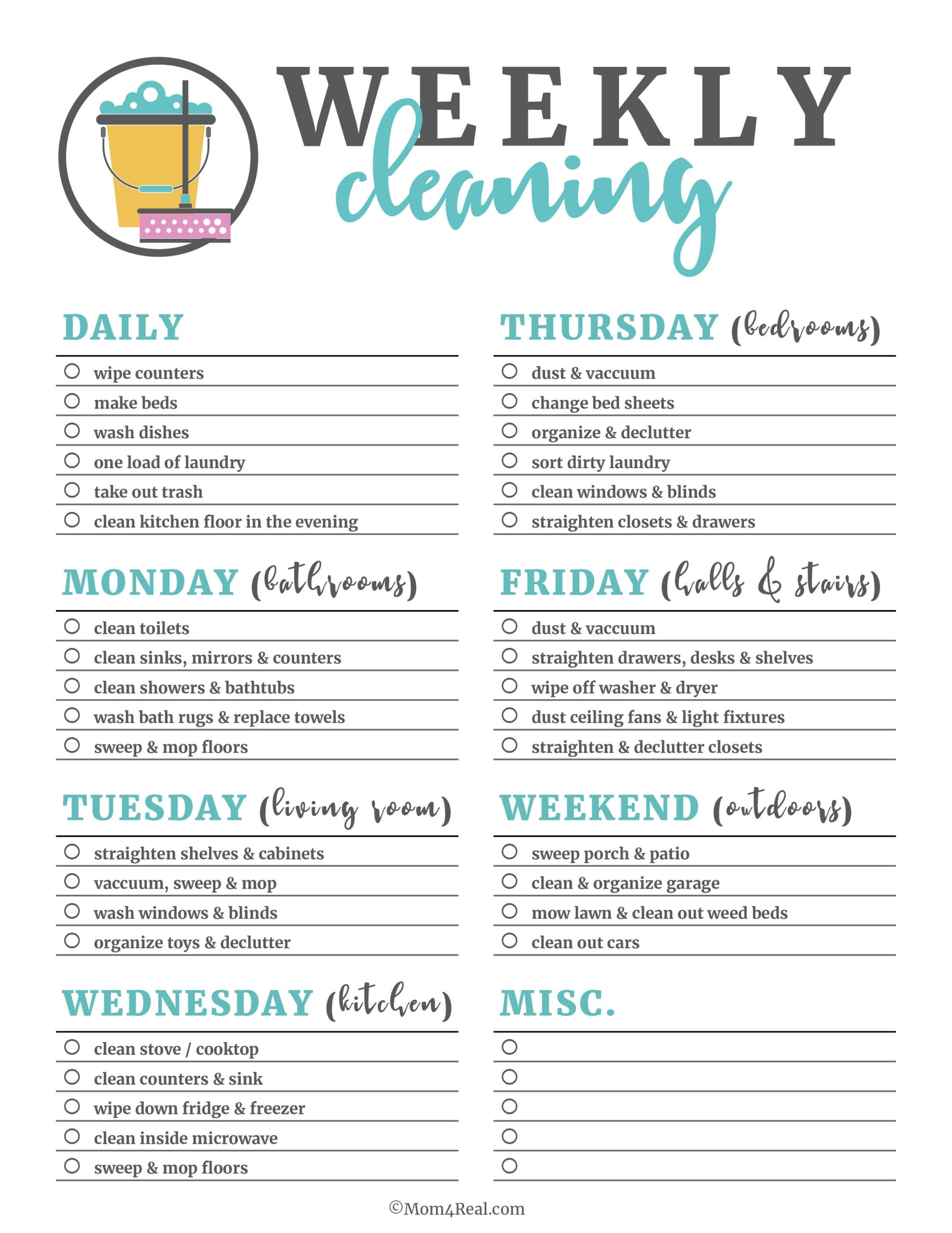 Weekly Cleaning Chart Printable