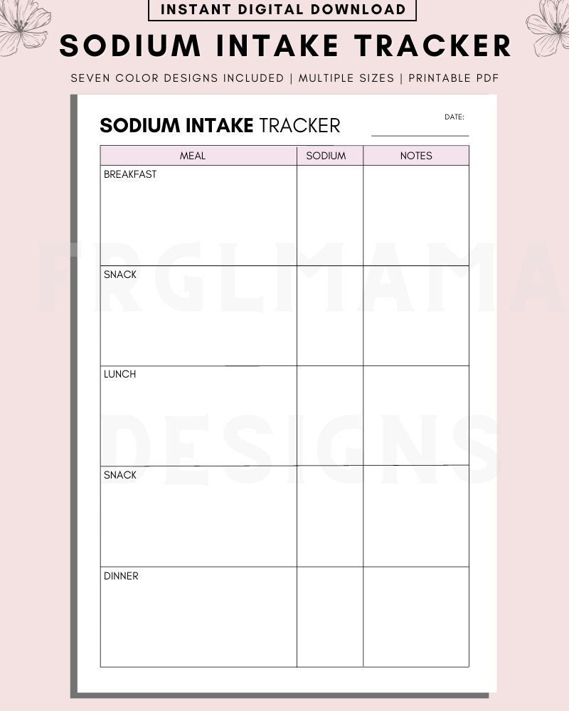 Printable Daily Sodium Intake Tracker Food Diary Meal Planner digital Download Etsy