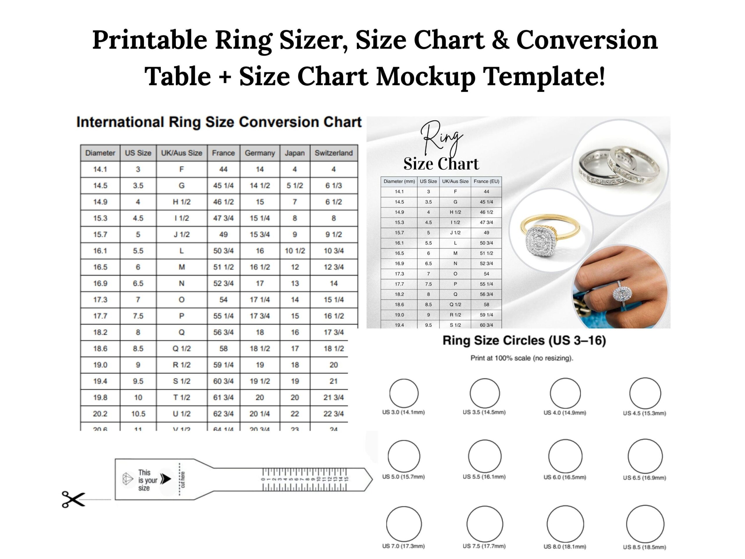 Printable Ring Size Chart Sizer International Conversion Table instant Download Etsy Israel Printable Ring Size Chart Sizer International Conversion Table instant Download Etsy Israel