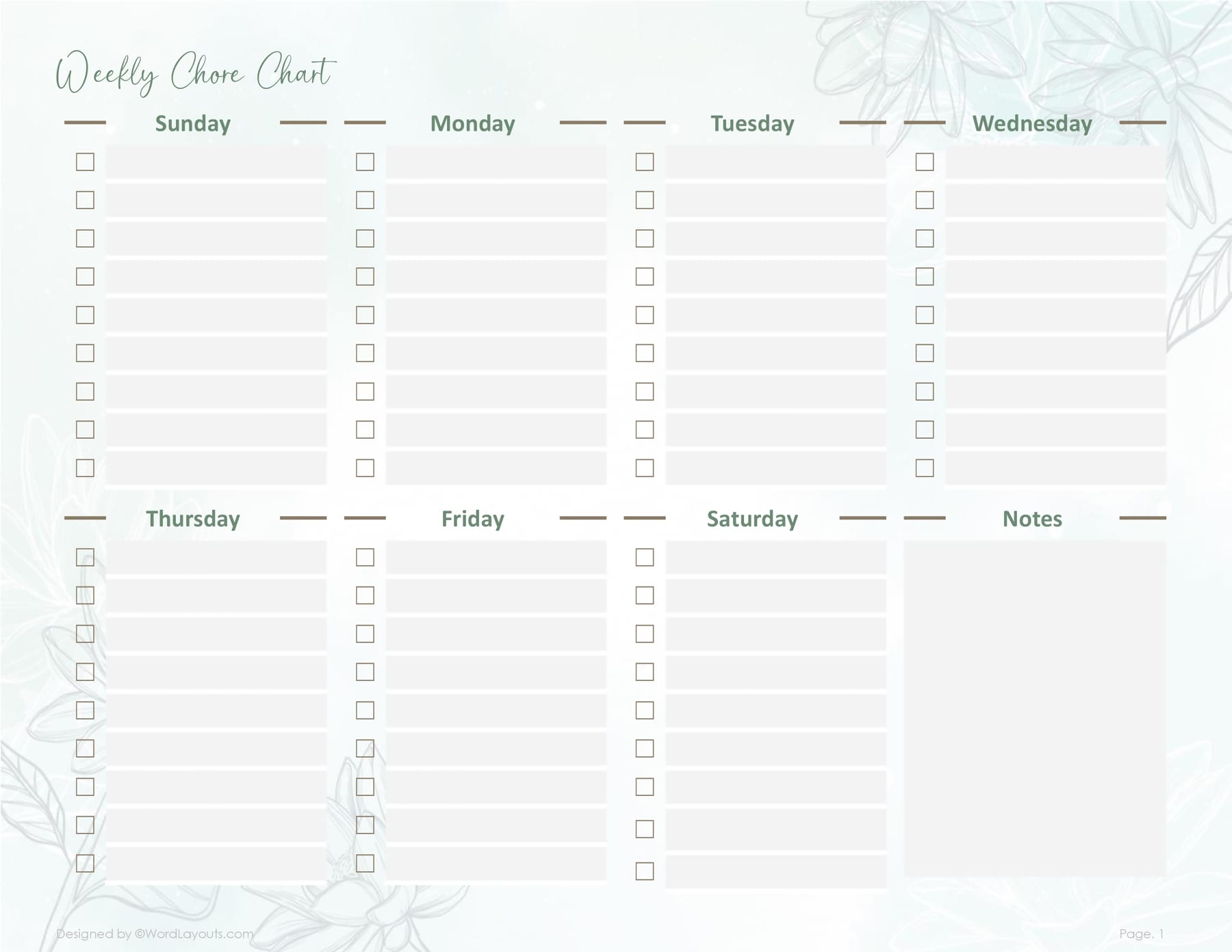 Printable Weekly Chore Chart Template WordLayouts