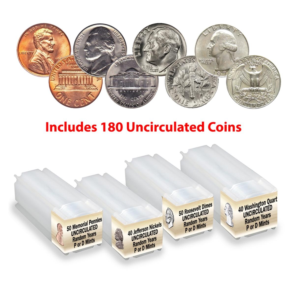 Random BU Penny Nickel Dime And Quarter 4 Roll 180 Coin Set HSN
